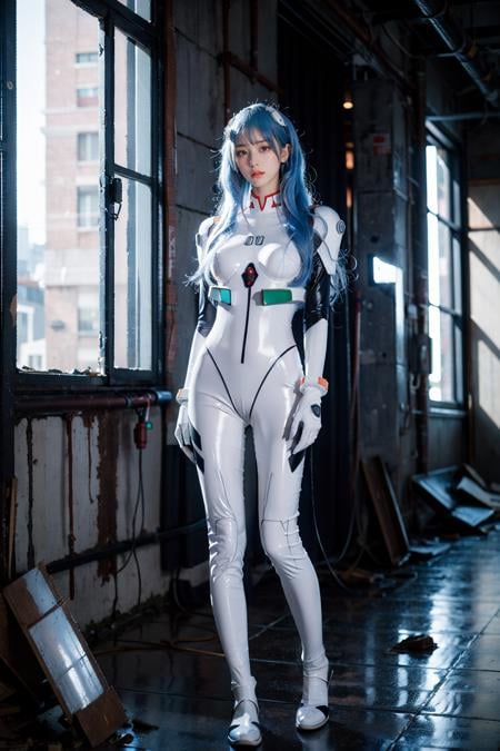 best quality, masterpiece, photorealistic, 1girl, solo, looking at viewer, bangs, full body, closed mouth, expressionless, standing, ayanami_cosplay_costume, plugsuit, blue hair, ayanami rei, pilot suit, cosplay, long hair, interface headset, hairpods, gloves, bracer, skin tight, ( ruins:1.4), night, neon light, cyberpunk, science fiction, future city, detailed background, <lora:ayanami_cosplay_costume_v2:0.65>