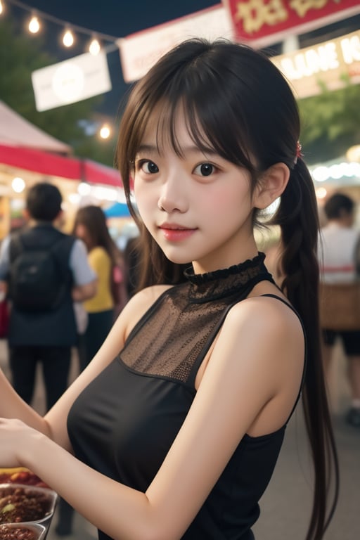 close-up, upper body, 1girl, cute, highneck, camisole, outdoors, night, crowd, vendors, nightmarket, <lora:ADetailerNetidolFace:0.5>