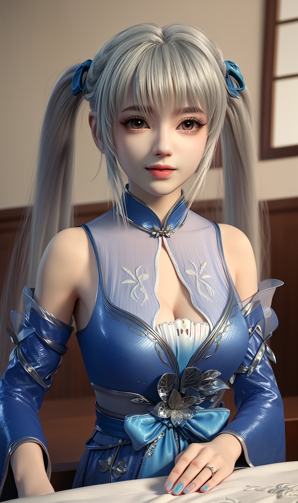 masterpiece,(best quality),3d,official art, extremely detailed cg 8k wallpaper,((crystalstexture skin)), (extremely delicate and beautiful),highly detailed,1girl,solo,long hair,headwear,(standing),(white hair),(( dress)),, (chinese_clothes:0.719), (blue_footwear:0.895), (blue_bow:0.779), (ribbon:0.768),((upper body)),sweet smile, (medium breasts),((hair_ornament)),((twintails)),(bow:0.902), (ribbon:0.806), (blue_ribbon:0.794) ,(realistic:0.729), (chinese_clothes:0.723), (blue_nails),(cleavage:0.797),  (detached_sleeves), (sunshine, indoor,(bed)),((looking_at_viewer)),((Facing the camera)), <lora:hipoly3DModelLora_v10:0.3>