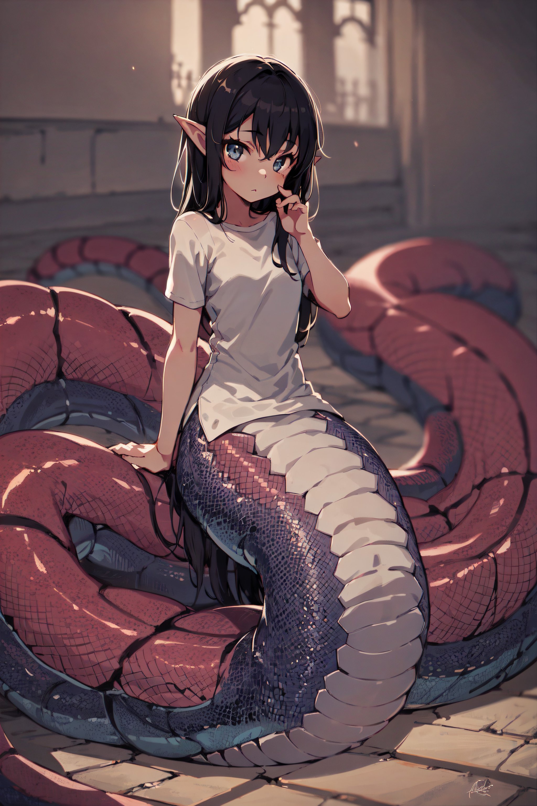 1girl, lamia, scales, white shirt, full body, Original Character, Volumetric Lighting, Best Shadows, Shallow Depth of Field, Stunningly Beautiful Girl, Petite, Delicate Beautiful Attractive Face