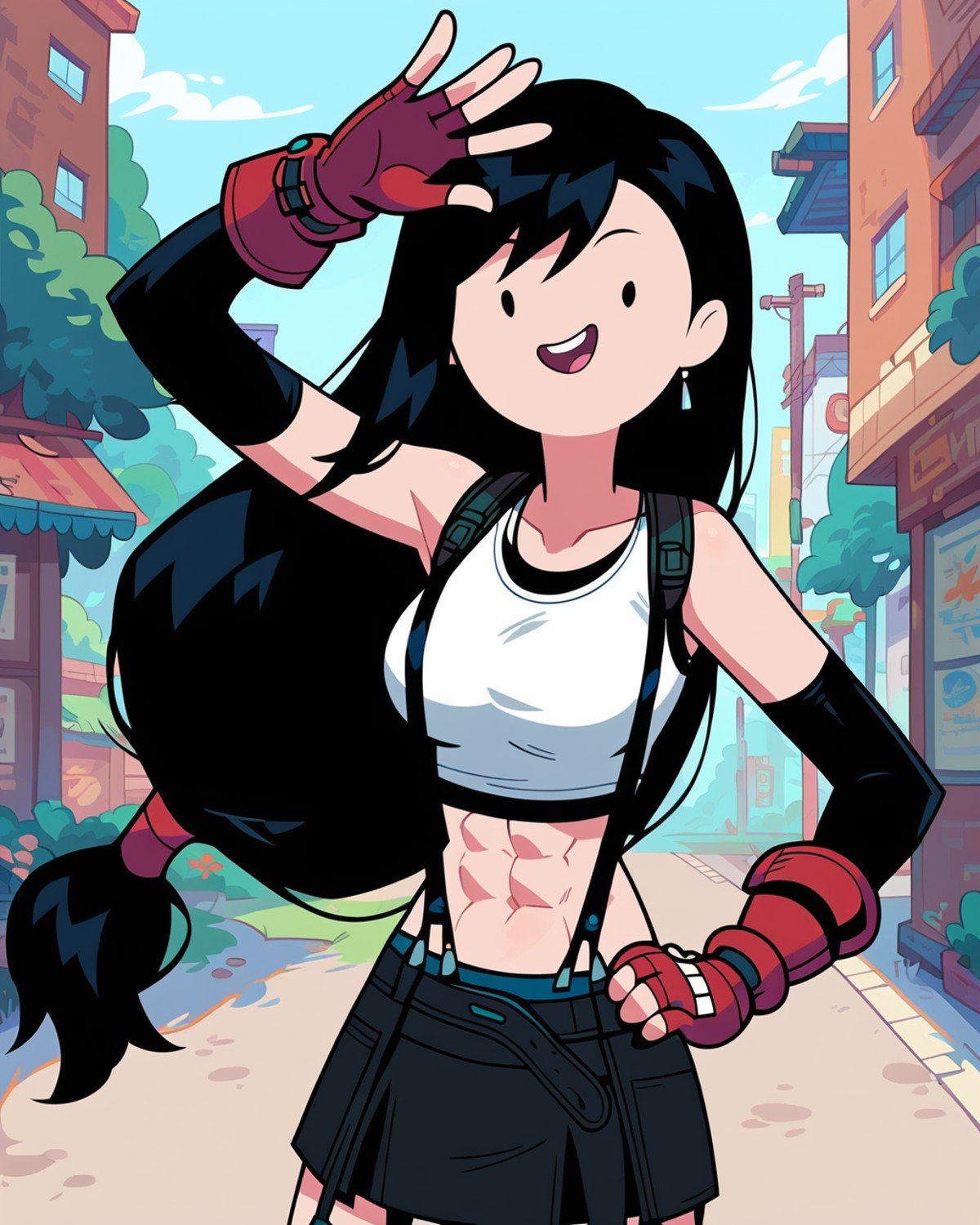 score_9, score_8_up, score_7_up, 1girl, solo, tifa lockhart, (dot eyes), cute, happy, white tank top, black hair, red gloves, suspenders, abs, standing, hand on hip, looking at viewer, dynamic pose, expressive face, outdoors, urban, adventure time, vector illustration, <lora:Adventure_Time_Style_LORA:1> 