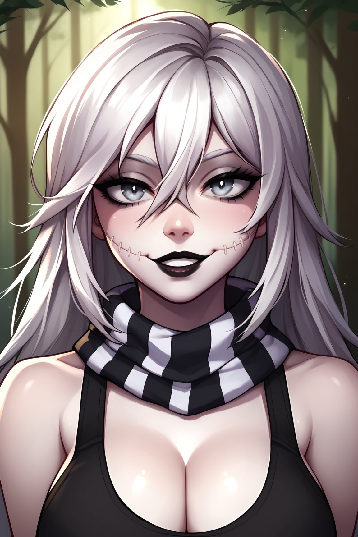 score_9, score_8_up, score_7_up, score_6_up, score_5_up, score_4_up, ZeroCYPAXL, white skin, colored skin, black lips, cheek stitches, grey eyes, makeup, white hair, long hair, hair between eyes, large breasts, white scarf, striped scarf, cleavage, black tank top, solo, front view (portrait, upper body), solo focus, seductive smile, looking at viewer, forest, tree <lora:ZeroCYPAXL:0.8>