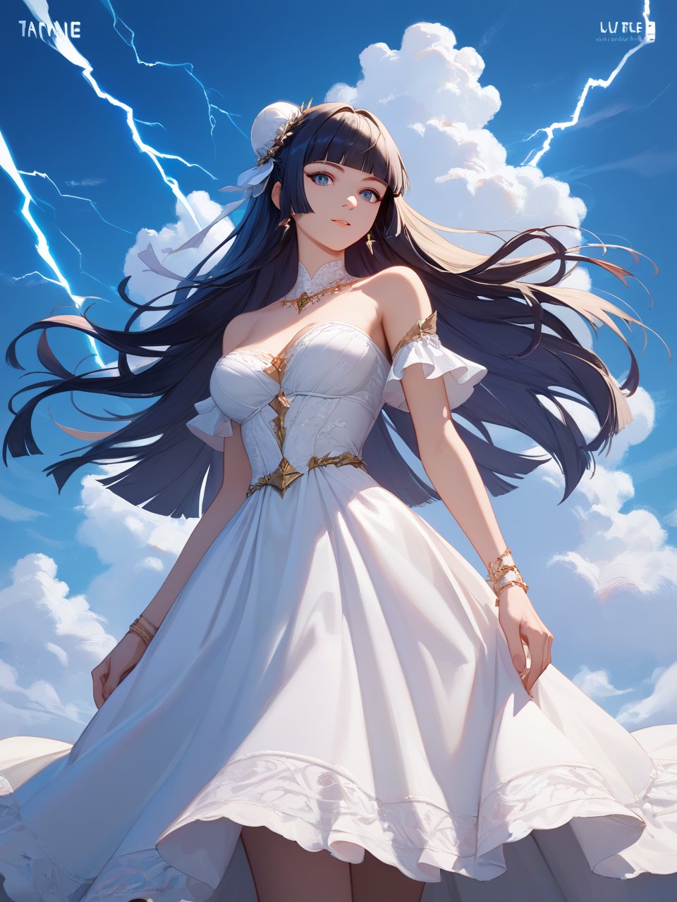 score_9,score_8_up,score_7_up,1girl,solo,best quality,highres,masterpiece,hime cut,long hair,breasts,dress,bare shoulders,jewelry,standing,sky,cloud,white dress,strapless,single hair bun,cloudy sky,wind,lightning,Chrome plated material,concept art,highly detailed,ultra-high resolution,32K UHD,sharp focus,best-quality,masterpiece,golden hour,unconventional supreme masterpiece,masterful details,temperate atmosphere,with a high-end texture,in the style of fashion photography,magazine cover,Dynamic Angle,Dynamic posture,