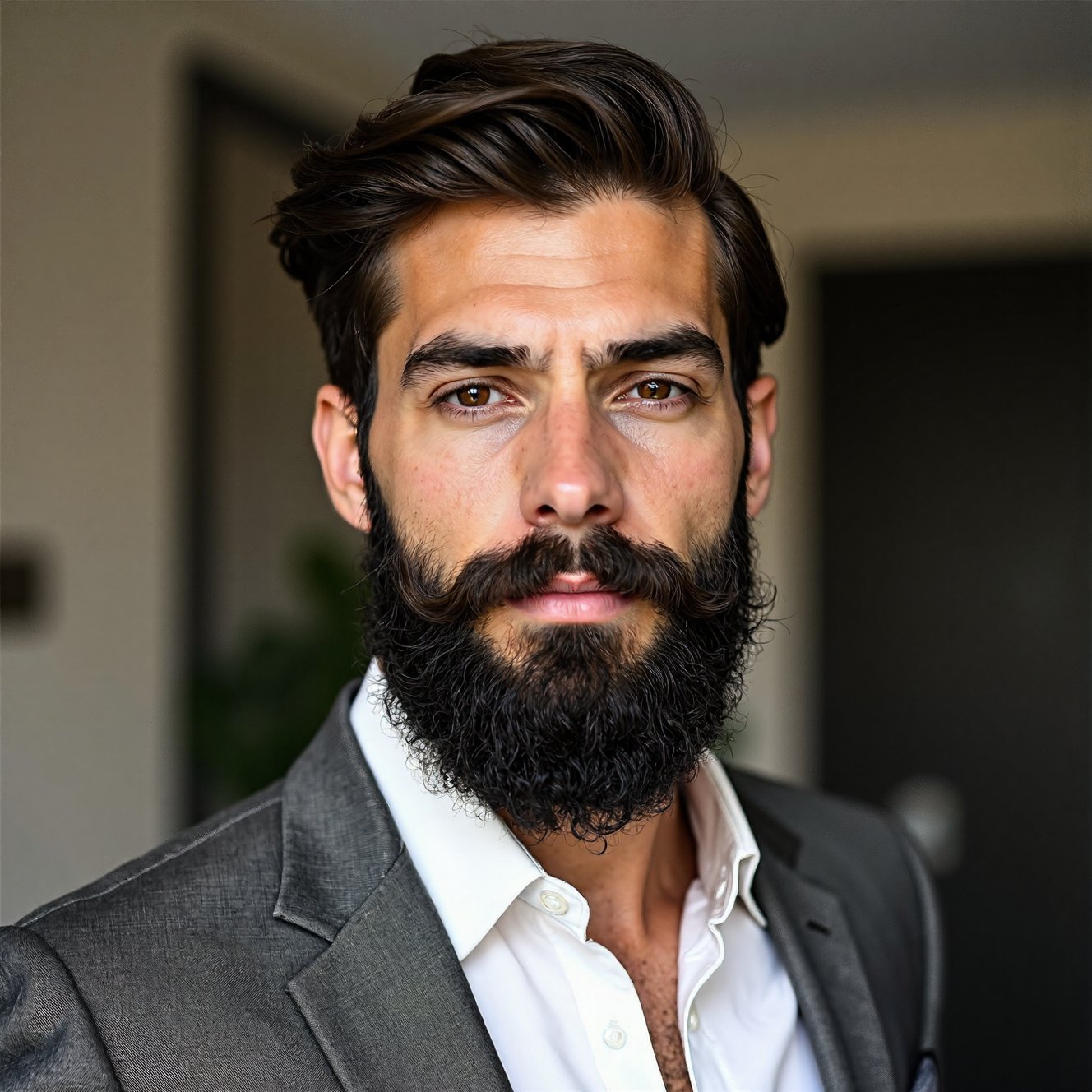 RAW photo, a candid full body portrait of a beautiful man with a beard in a grey suite, 8k uhd, dslr, soft lighting, high quality, film grain, Fujifilm XT3small chin, (no freckles:0.5), (no cleft chin:1.5), perfect eyes, glowing irises, ((even eyes)), ((even pupils)), round iris, detailed pupils, light reflections, visible cornea, blood vessels, (wet skin:1.1), (sweat:1.1), white winter skin, wax skin, marble skin, pale skin, clear skin, [[skin blemishes]], skin pores, blush, flushed cheeks, [[[[[moles]]]]], wrinkles, [[[[vitiligo spots]]]], [[whiteheads]], [[[blackheads]]], [pimples], perfect hands, shiny bright eyes, centered pupils, blood vessels in sclera, detailed skin, [[oiled shiny skin]], beauty spots, skin fuzz, shine from within, hands off face, moles, nipples, not asian  <lora:FLUX_polyhedron_all_1300:1>