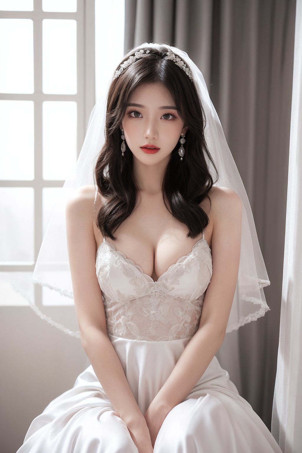 1girl, black hair, breasts, bridal veil, cleavage, curtains, dress, earrings, indoors, jewelry, lips, lipstick, long hair, medium breasts, realistic, sitting, solo, veil, wedding dress, white dress, window  <lora:婚纱:0.8>