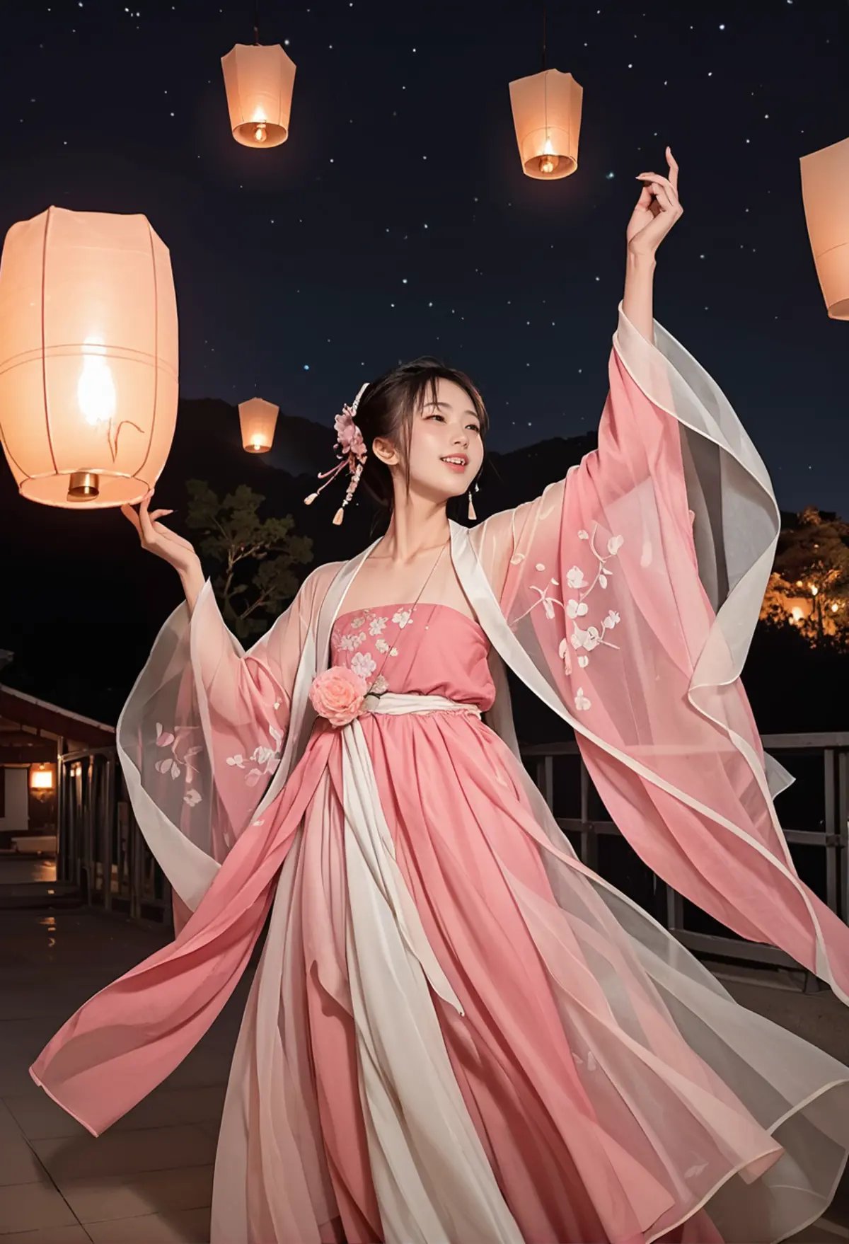 ,ruanyi0799,lantern,glowing,night sky,no humans,,ruanyi0758,hanfu,pink dress,see-through,shawl,wide sleeves,jewelry,dancing,<lora:0799 Kongming lantern_v1_pony:1>,<lora:0758 Peach Blossom Hanfu_v1_pony:0.7>, score_9,score_8_up,score_7_up,,8k,1girl,solo,,