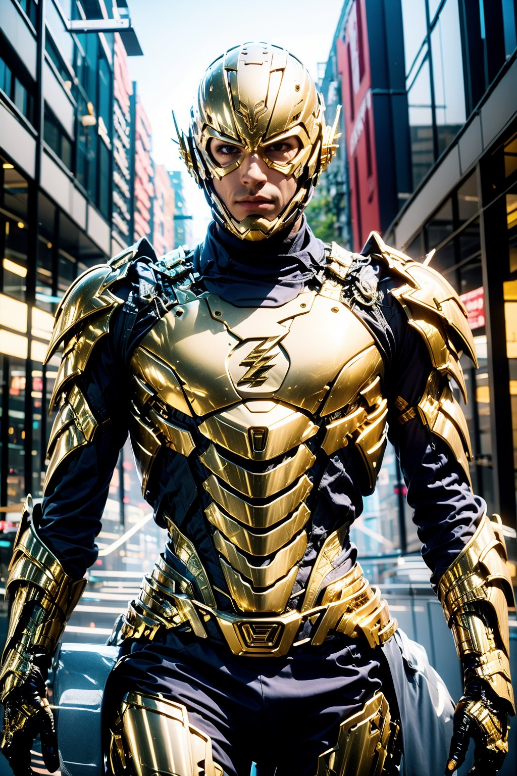 gold armor,outdoors,future street,flash