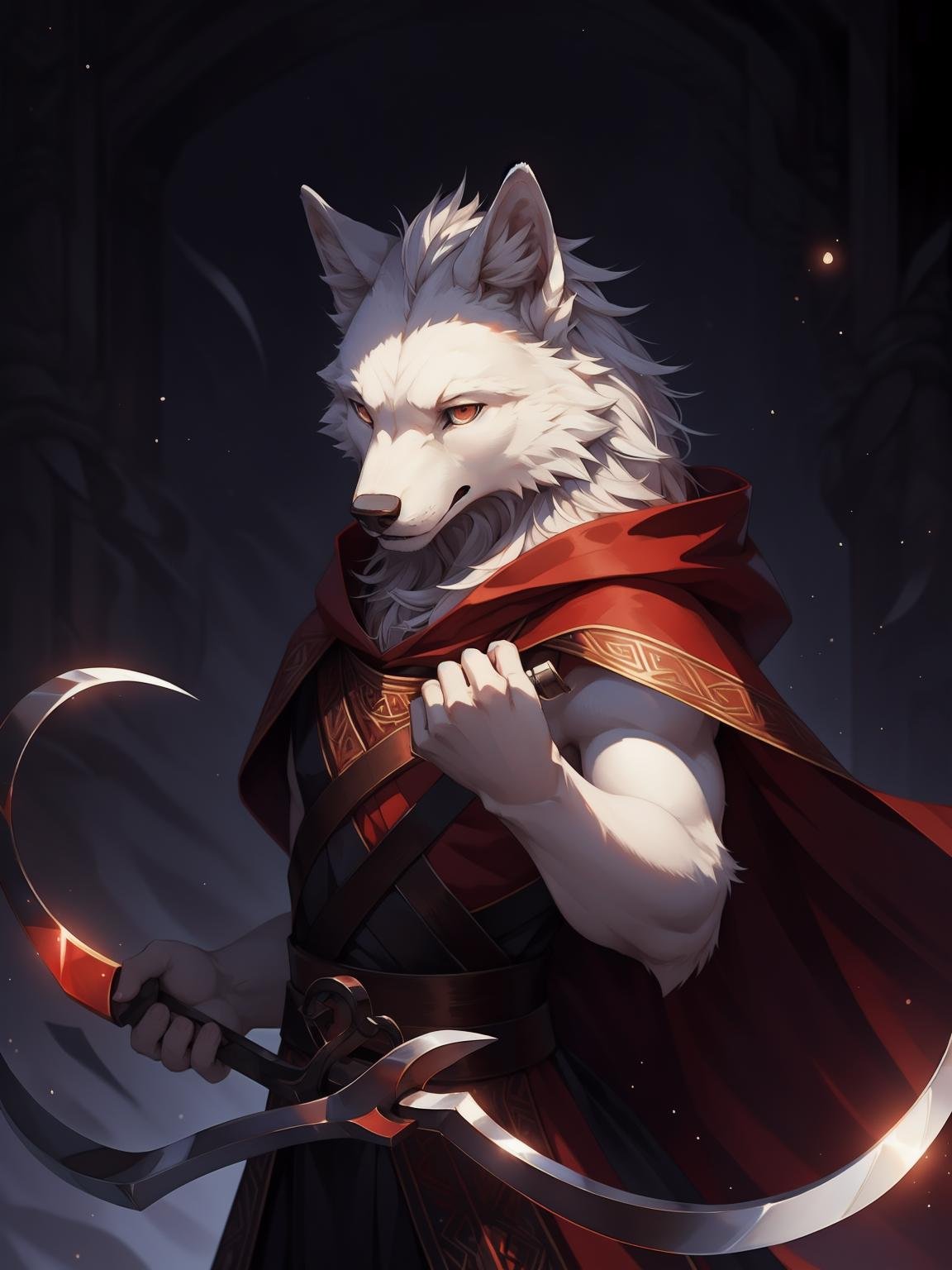 Masterpieces,official art,furry,male,Anthropomorphic white wolf,Delicate face,Delicate eyes,Red cloak,Kerosene lamp,sickle:1.2, holding sickle, depth of field, perfect lighting, light particles,(best quality),(masterpiece),(ultra detailed),sharp focus,light particles