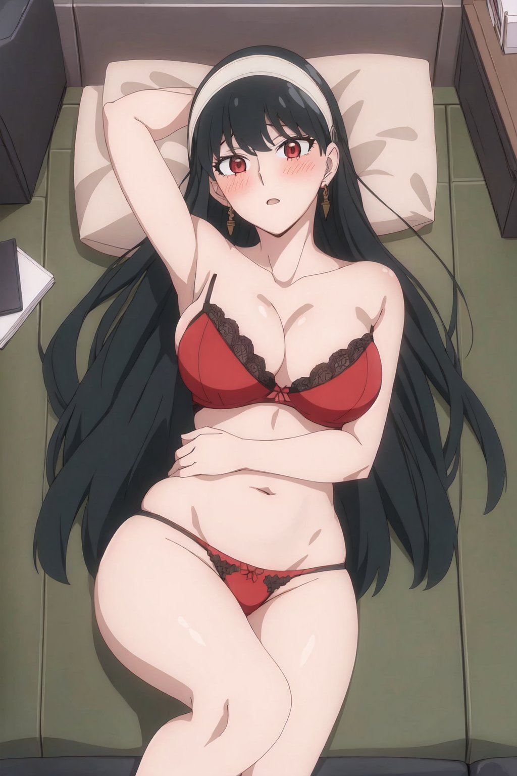 yorforger, 4k, absurd, high resolution, very high resolution, high definition, masterpiece, red eyes, embarrased, blushing, (black lingerie: 1.2), bedroom, lying on bed, from above<lora:EMS-352455-EMS:1.000000>