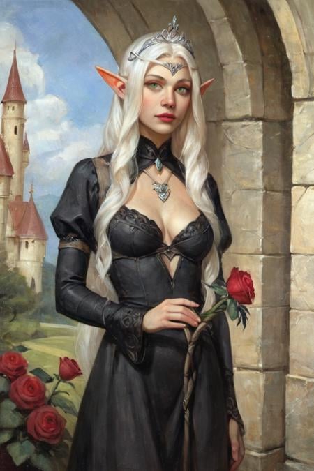 score_9, score_8_up, score_7_up, rating_safe, traditional media, realistic, 1girl, solo, elf, pointy ears, breasts, long hair, very long hair, white hair, green eyes, portrait, looking at viewer, black dress, tiara, silver tiara, holding, holding flower, rose, red rose, necklace, jewelry, cowboy shot, standing, outdoors, castle <lora:Oil Gothic Painting Style SDXL_LoRA_Pony Diffusion V6:1>