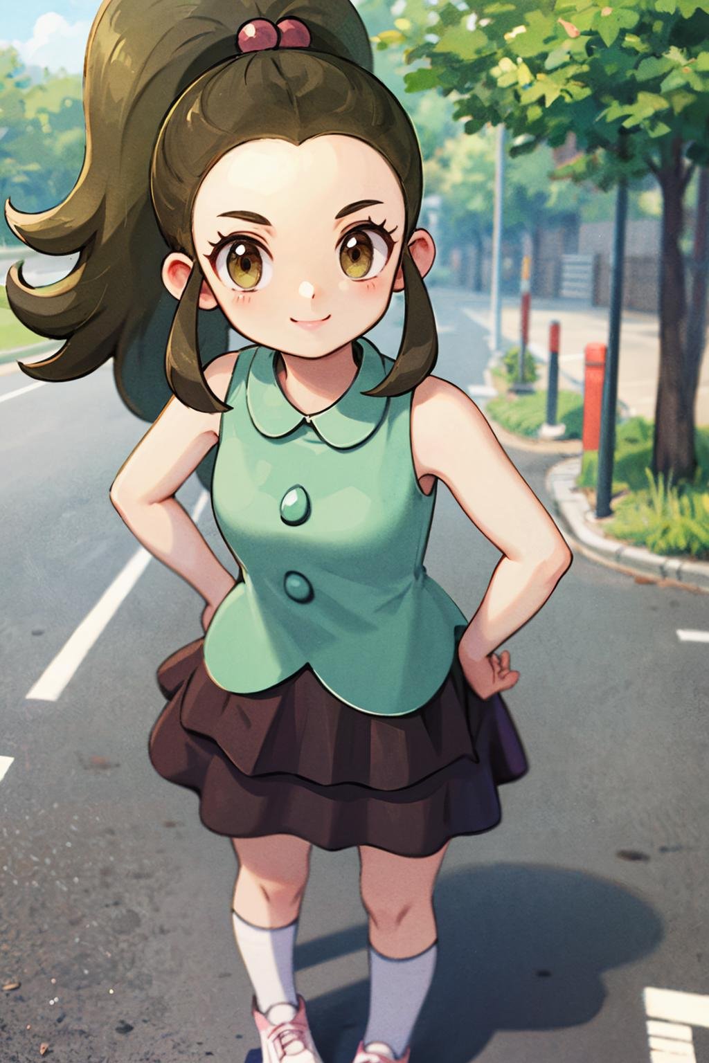 masterpiece,best quality,illustration,beautiful detailed girl, highres,1girl,<lora:GoodHands-beta2:1:lbw=MIDD>,nice hands, perfect hands,<lora:schoolkid oras:1>,schoolkid oras,hair bobbles,sleeveless shirt,brown skirt,kneehighs,sneakers,standing,(full body:1.2),outdoors,road,smile