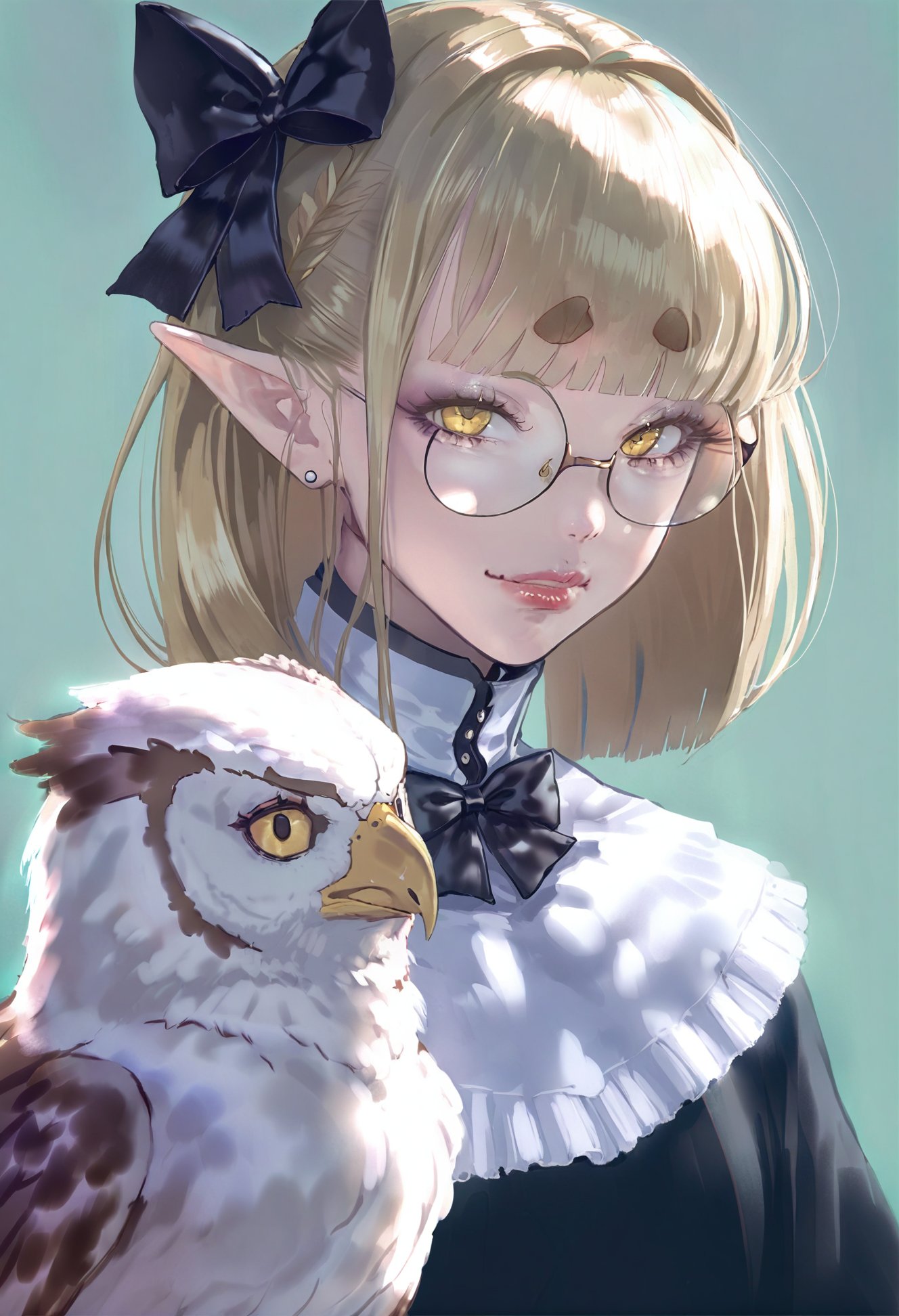 masterpiece, best quality,1girl,   bird, yellow eyes, owl, pointy ears, long hair, parted lips, solo, blonde hair, hair bow, bangs, sunglasses, portrait, round eyewear, lips, black bow, blunt bangs, slit pupils, animal, eyelashes, eagle, fingernails, jitome, half updo, thick eyebrows, nose, looking at viewer, green background, bow, feathers, hair intakes, high collar, looking over eyewear <lora:1111111XLlokr8f-000187:0.95>