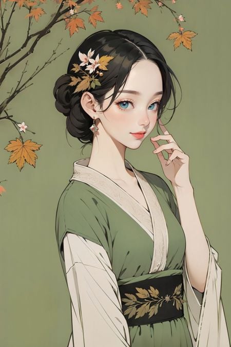 <lora:guofeng_xin_32_80minus40:0.85>,(chinese_art_style,simple background,green background),1girl,standing,upper body,hanfu,(tree, leaves,outdoors),(masterpiece,high quality,best quality),(colorful),(delicate eyes and face),volumatic light,ray tracing,extremely detailed CG unity 8k wallpaper,