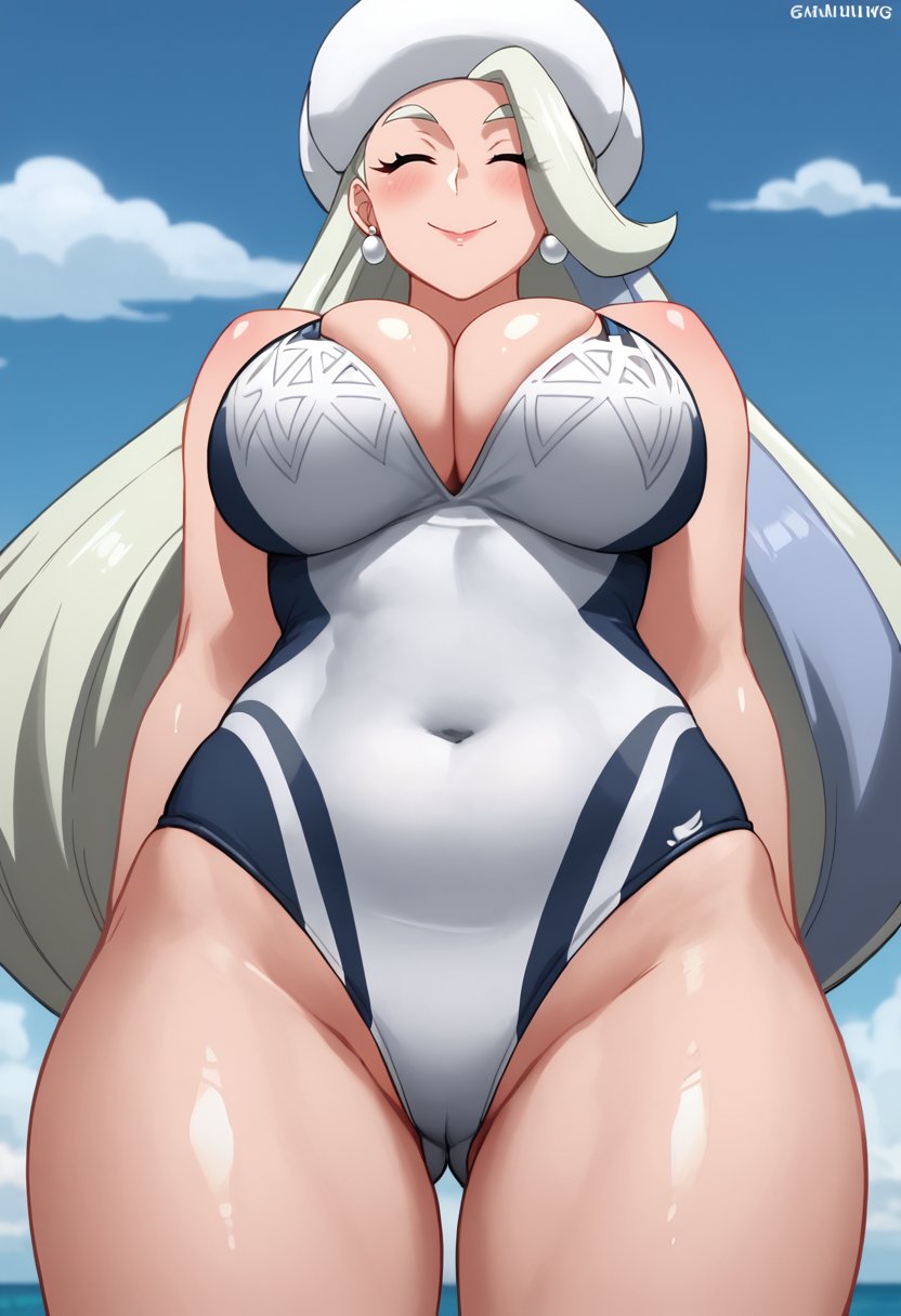 score_9, score_8_up, score_7_up,source_anime,anime coloring,perfect anatomy,cinematic_shadow,anime screencap,<lora:animestyle:1>finetuneanimeBREAK <lora:melony:1>melony,1girl, mature female, breasts, swimsuit, solo, long hair, earrings, jewelry, closed eyes, hat, smile, large breasts, multicolored hair, curvy, closed mouth, thighs, white headwear, streaked hair, artist name, shiny skin, web address, shiny, watermark, thick thighs, cleavage, blush, covered navel, grey hair