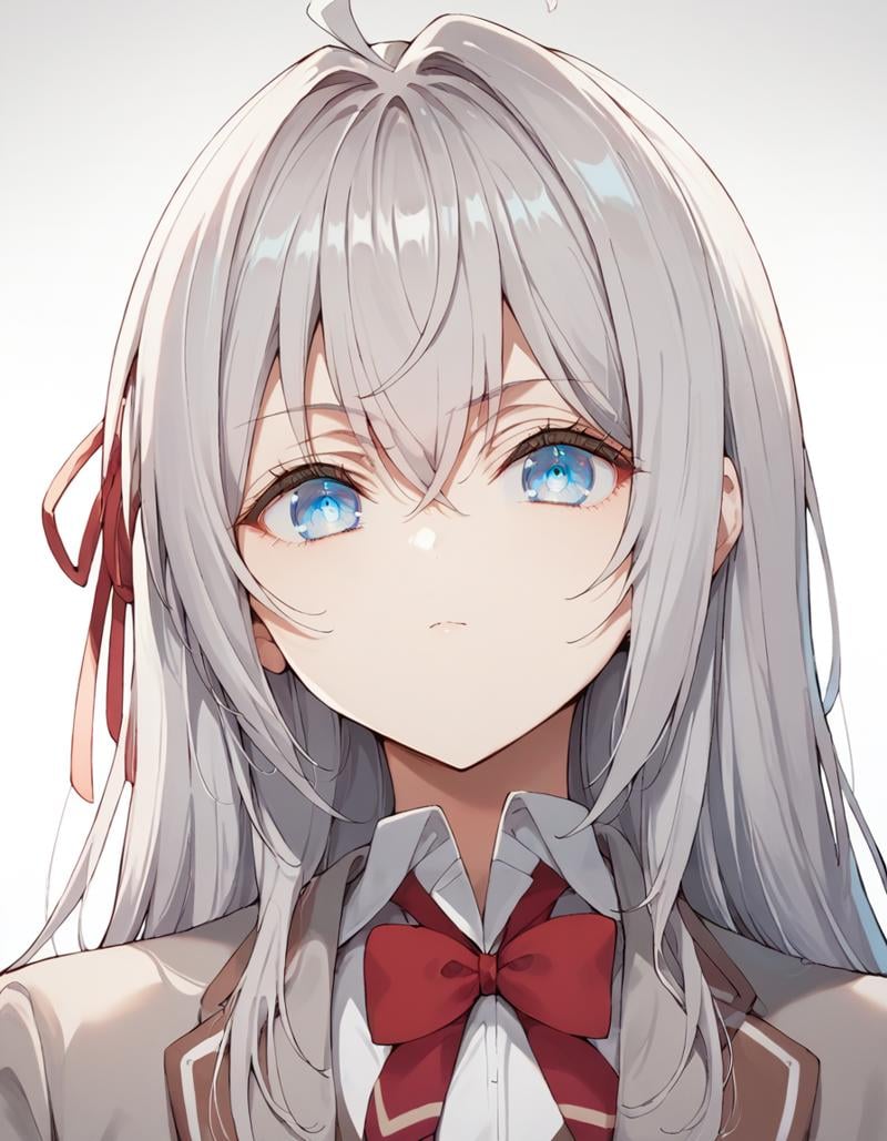 score_9, score_8_up, score_7_up, source_anime,1girl, school, portrait, gradient background, front view, looking at viewer,alya, long hair, silver hair, ahoge, crossed bangs, hair ribbon, sidelocks, blue eyesschool uniform, grey jacket, open jacket, red bow, white shirt,<lora:alya_anime_v2-soralz:1>