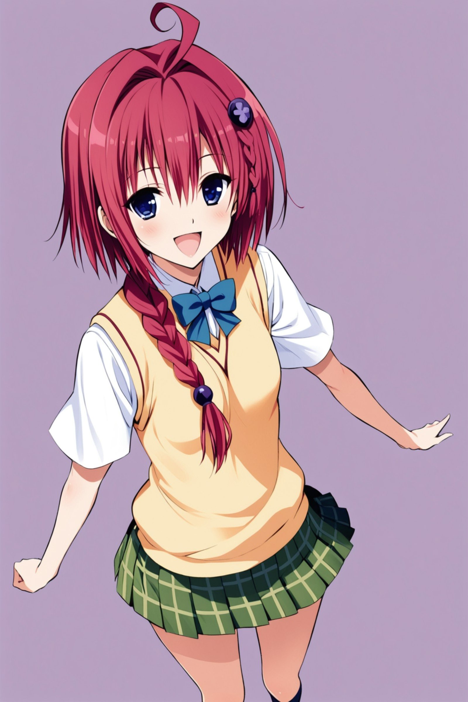 1girl,kurosaki meia,solo,school uniform,blue eyes,braid,skirt,open mouth,red hair,sweater vest,smile,hair ornament,white background,socks,simple background,ahoge,:d,loafers,pleated skirt,shoes,single braid,plaid skirt,looking at viewer,standing,<lora:Yabuki Kentarou_XL_netaArt:0.8>,