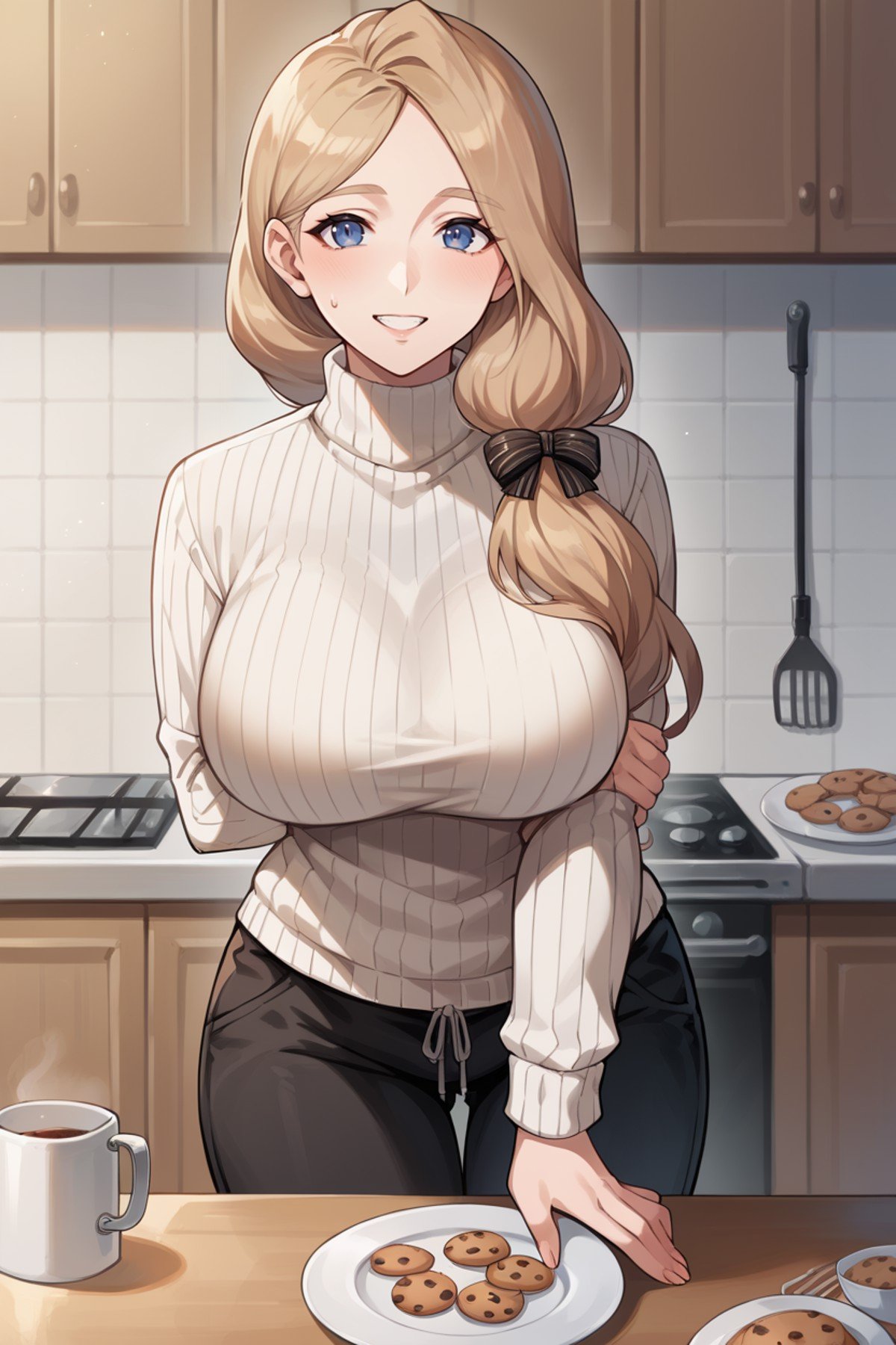 score_9, score_8_up, score_7_up, score_6_up, source_anime, 1girl BREAK <lora:mercedes-pdxl-nvwls-v1:1> defMercie, low-tied long hair, hair over shoulder, large breasts, blue eyes, white sweater, turtleneck, cable-knit sweater, black sweatpants, kitchen, looking at viewer, happy, cookies, plate of cookies