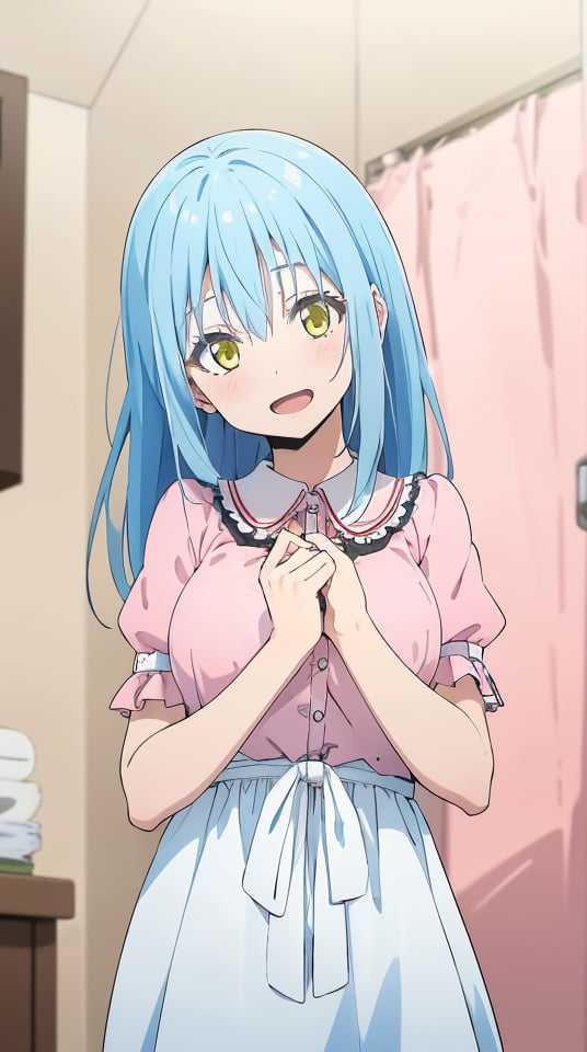 (masterpiece, best quality), ray tracing, absurdres,1girl,rimuru clothes, rimuru tempest,medium breasts,light blue hair, long hair, open mouth, yellow eyes, , bangs, hair between eyes, solo, puffy sleeves,pink shirt,collared shirt, two-tone dress,grey dress, jewelry,,,looking at viewer,blush,smile, short sleeve <lora:rimuru clothes:0.7> 