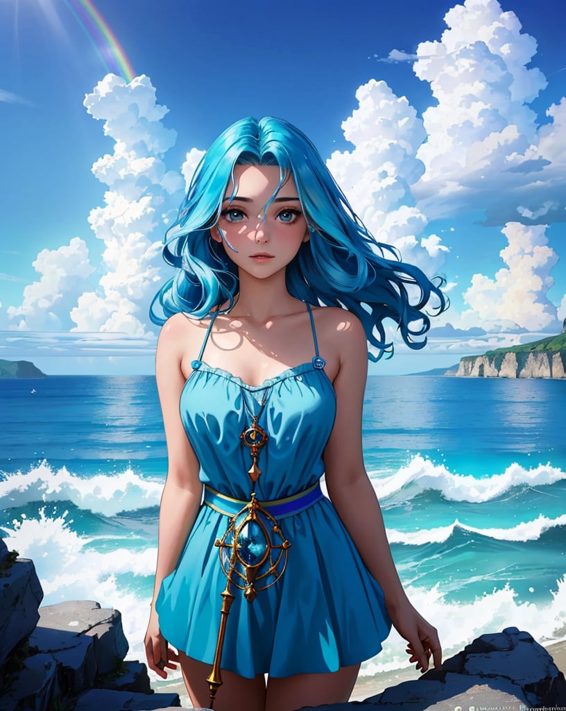 masterpiece, best quality, portrait of a 18yo woman ,  (sky blue ocean fantasy:1.1) ,  color photo, cinematic, cinematic lighting, whimsical witch potions alchemy beakers lab caludron rainbow colors, anime, gorgeous 18-year-old woman, perfect eyes, graceful, landscape shot,  upper body, looking at viewer, standing, happy, enthusiastic