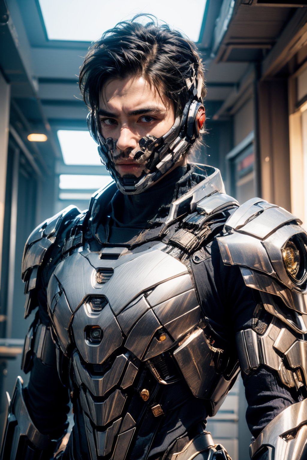 boy, realistic, indoors, looking at viewer, side face, upper body, cyberpunk armor,