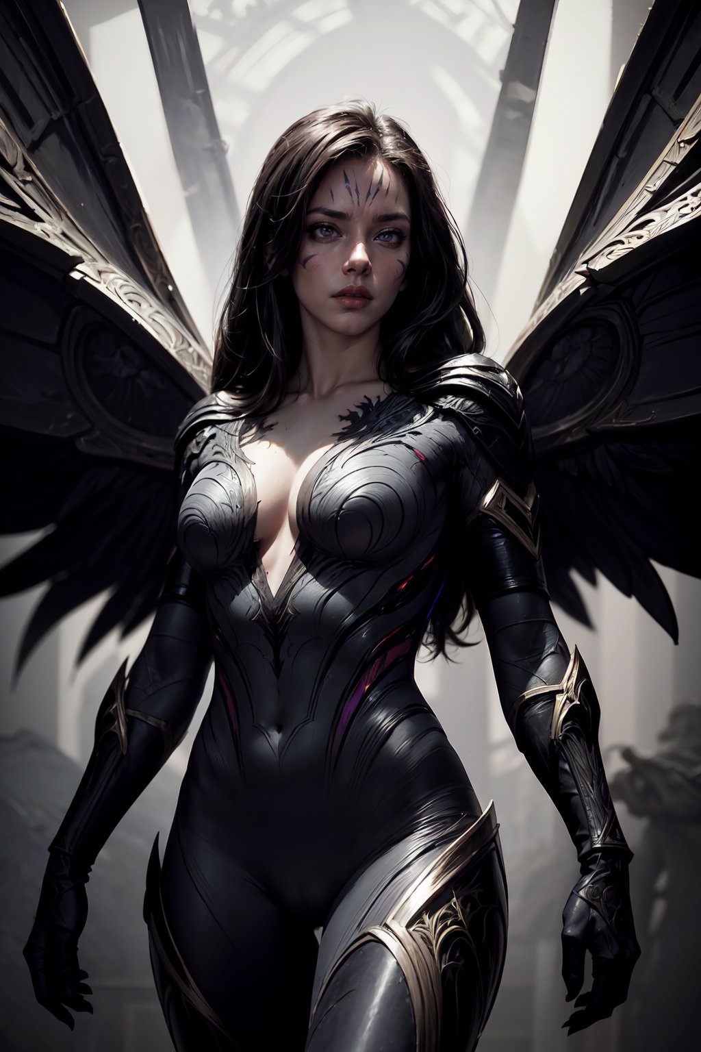 professional photograph of a kaisa by sandra Chevrier and brian froud and J.A.W. Cooper , bold lines, hyper detailed, dark limited palette, dramatic lighting, beautiful shadow, (intricate details, masterpiece, best quality:1.4), black hair, long hair, purple eyes, facial mark, bodysuit, wings, <lora:add_detail:1> <lora:Kaisa:0.7>