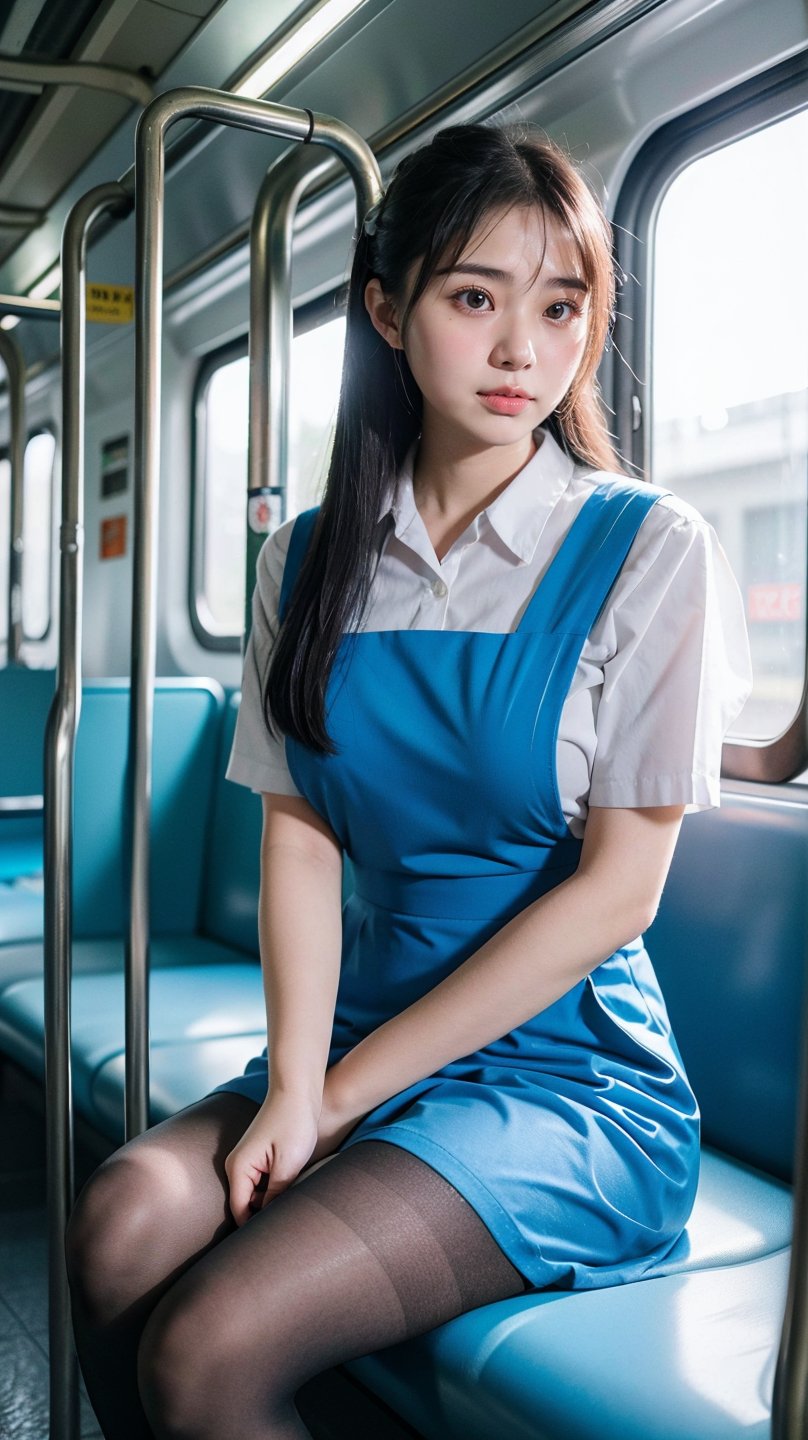 (Raw photo, real photo, bokeh:1.2), blue_pinafore, woman, pure face, sitting, (pantyhose:1.1), inside train, soft natural light<lora:EMS-358102-EMS:0.900000>