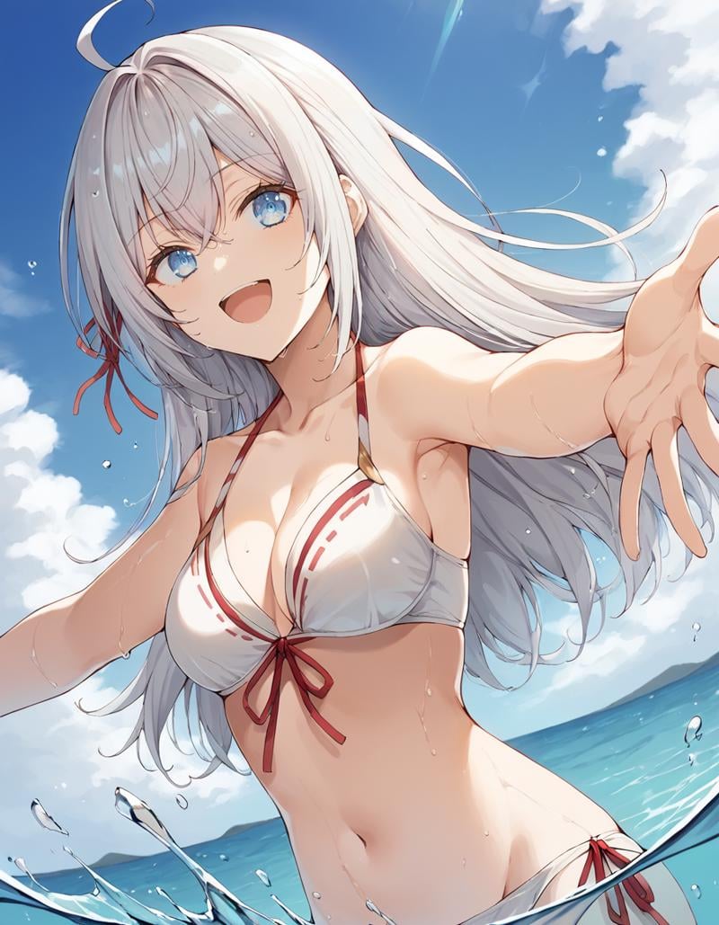 score_9, score_8_up, score_7_up, source_anime,1girl, solo, outdoors, sea, blue sky, clouds, dutch angle, water splash, looking at viewer, alya, long hair, silver hair, ahoge, crossed bangs, red ribbon, sidelocks, blue eyes, collarbone, bikini, navel, laugh, white bikini, frills, wet body, wet hair, outstretched arms, medium breasts,<lora:alya_anime_v2-soralz:1>,