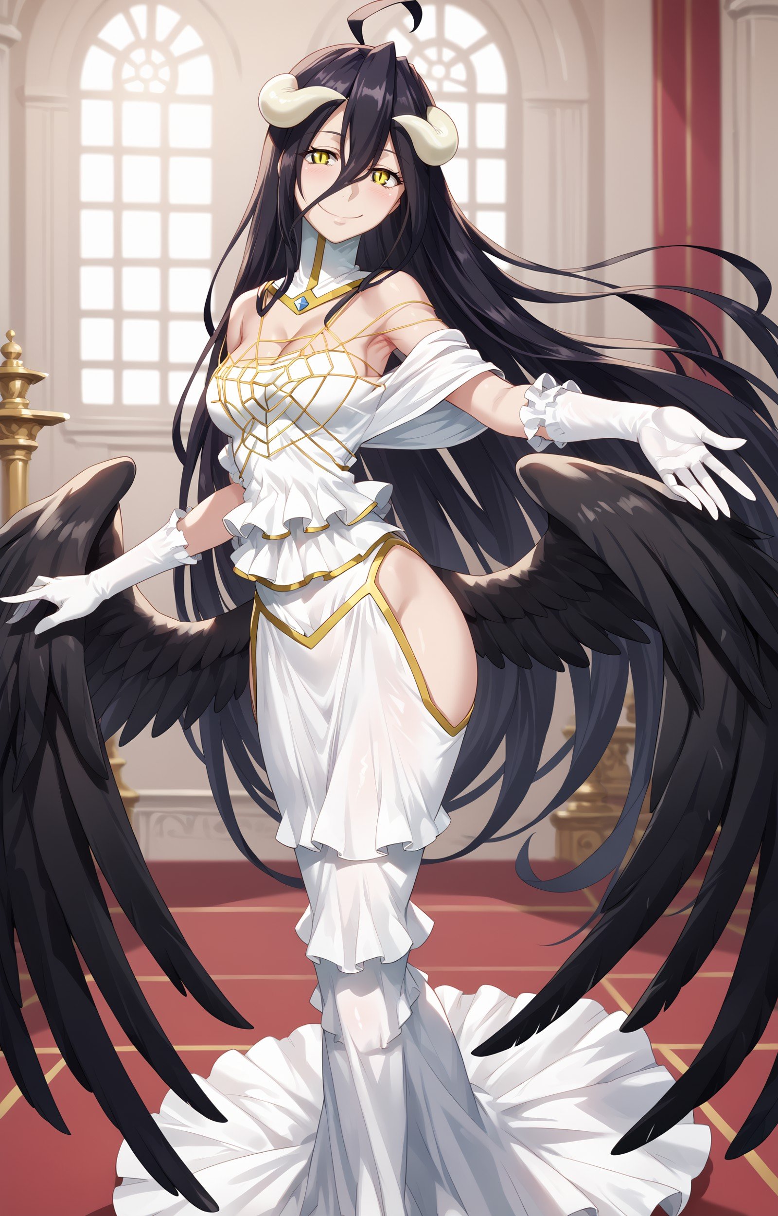 score_9, score_8_up, score_7_up, score_6_up, score_5_up, score_4_up, albedo_White_dress_Off-shoulder_dress_Detached_collar, albedoo, solo, medium_breasts, looking_at_viewer, cleavage, ahoge, demon_horns, closed_mouth, smile, head_tilt, elbow_white_gloves, black_demon_wings, low_wings, jewerly, spider_web, gold_silk, frilled_dress, hip_vent, long_dress, outstretched_arm, armpits, standing, full_body, indoors, <lora:ALBEDO_V1sdxl:1>