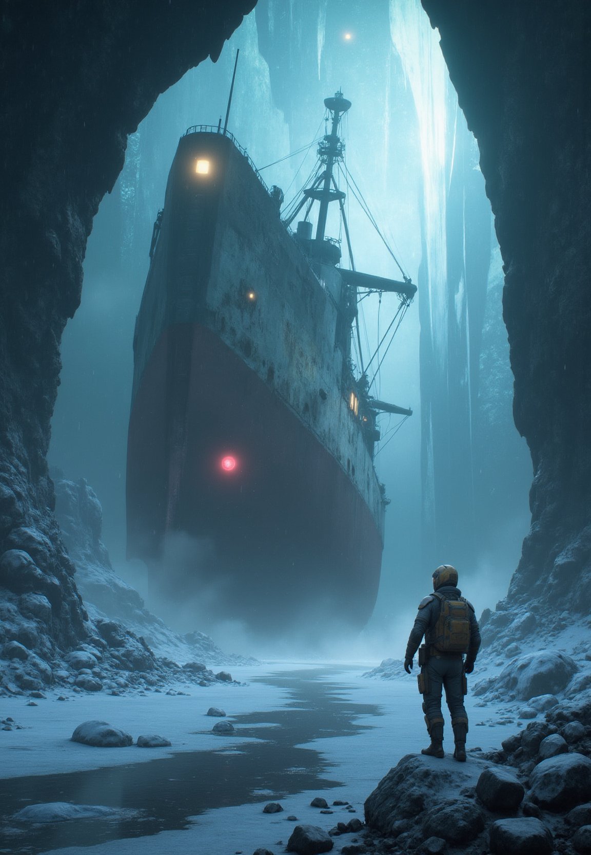 escimo gazes up at a colossal icebreaker ship that is captured in ice. The scene unfolds with meticulous attention to detail: the imposing size of the ship looming. This mesmerizing photograph radiates with vivid colors and sharp contrast. the atmosphere is depressing with no hope for rescue. The high resolution of the image accentuates every intricate element, from the intricate ice to rust on the ice breaker ship. the escimo is staring at the desolated ship. Wide range of colors., Dramatic,Dynamic,Cinematic,Sharp details Insane quality. Insane resolution. Insane details. Masterpiece. 32k resolution.detailxl