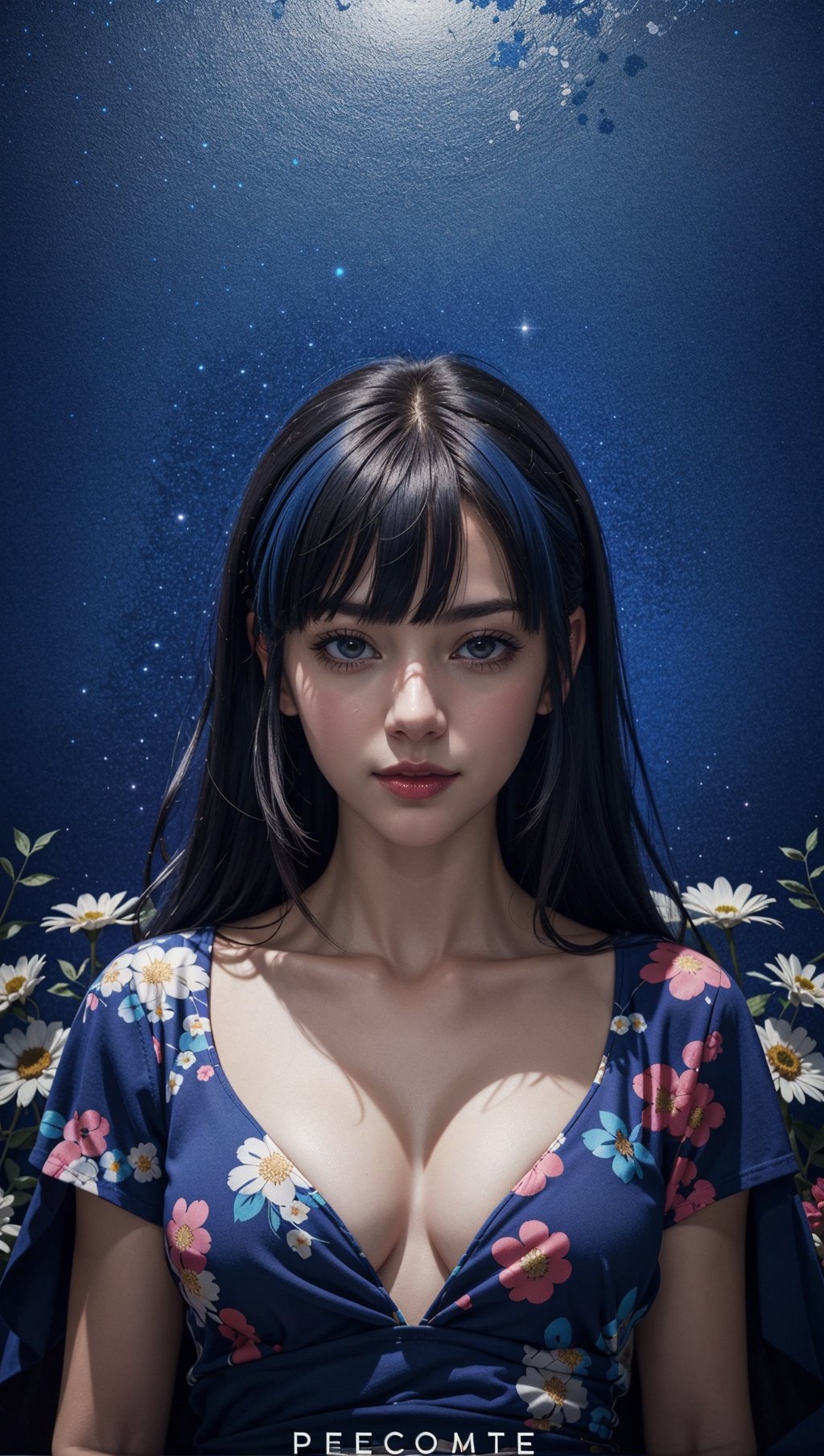 anime opening,(woman),solo,a dreamscape aesthetic in Cobalt blue theme atmosphere,mosaic background,happy,floral,(wallpaper style),movie trailer,cinematic,screencap,still shot,true perception,comfortable,