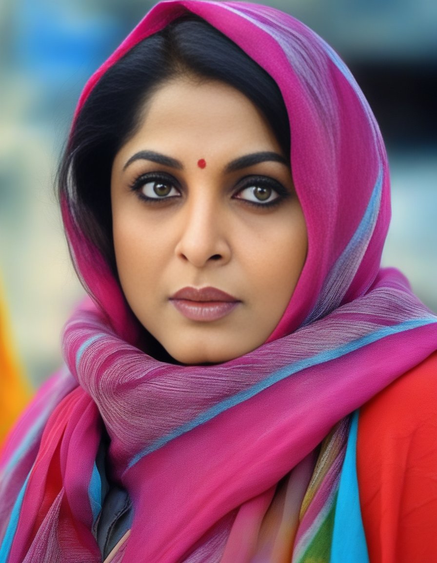 RamyaKrishnan,<lora:RamyaKrishnanSDXL:1>HDR photo of extreme close-up of a woman wrapped in a brightly colored heavy scarf, brunette hair with light blonde highlights, perfect eyes, luscious full lips, light makeup, rosy cheeks, heavy snow . High dynamic range, vivid, rich details, clear shadows and highlights, realistic, intense, enhanced contrast, highly detailed