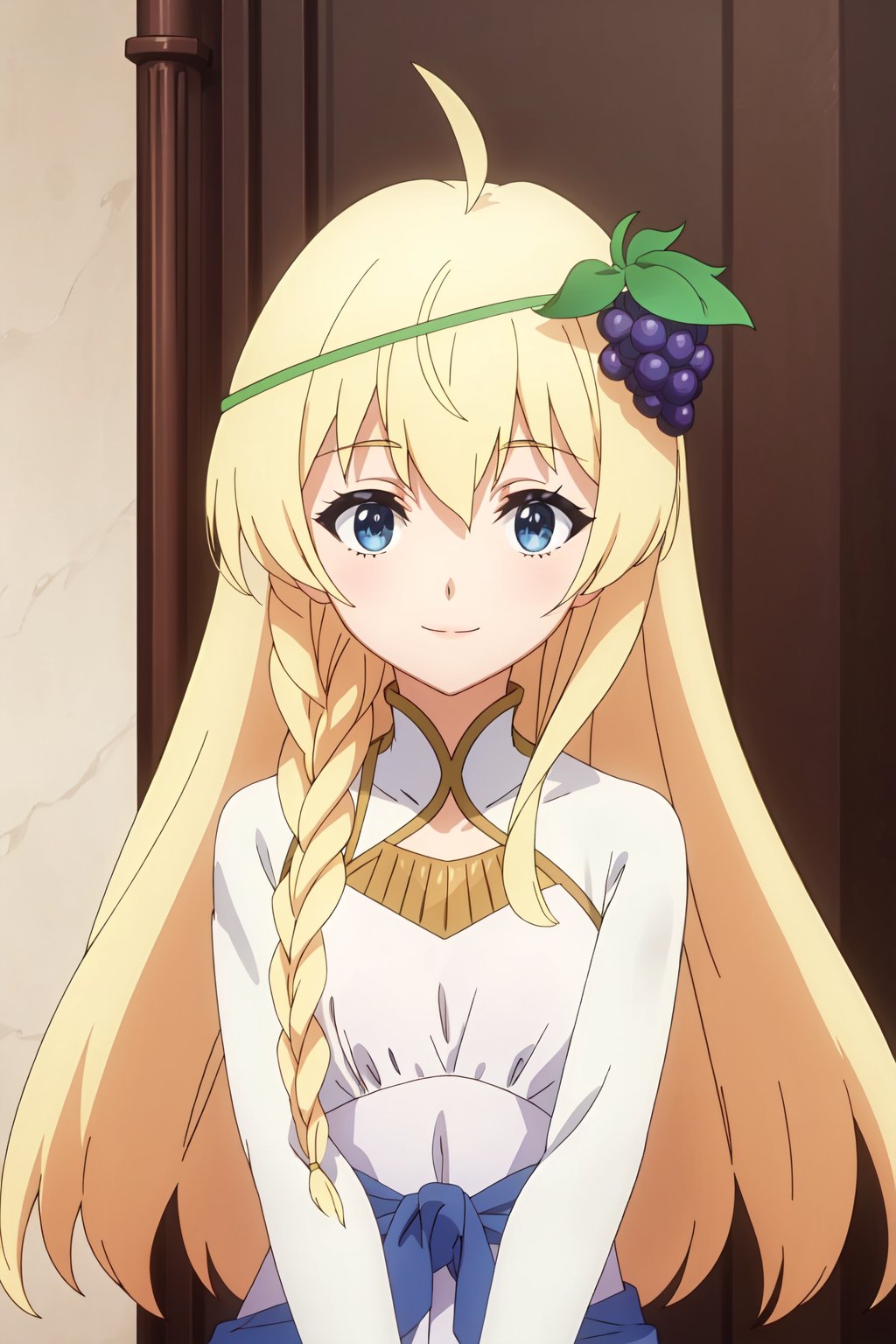 Iris, 8k, high resolution, very high resolution, high definition, masterpiece, 1 girl, alone, long hair, looking at viewer, smile, blue eyes, blonde hair, hair ornament, dress, jewelry, upper body, braid, ahoge, food, white dress, fruit, ruffled dress, v arms, food-themed hair decorations, grapes<lora:EMS-415403-EMS:0.800000>