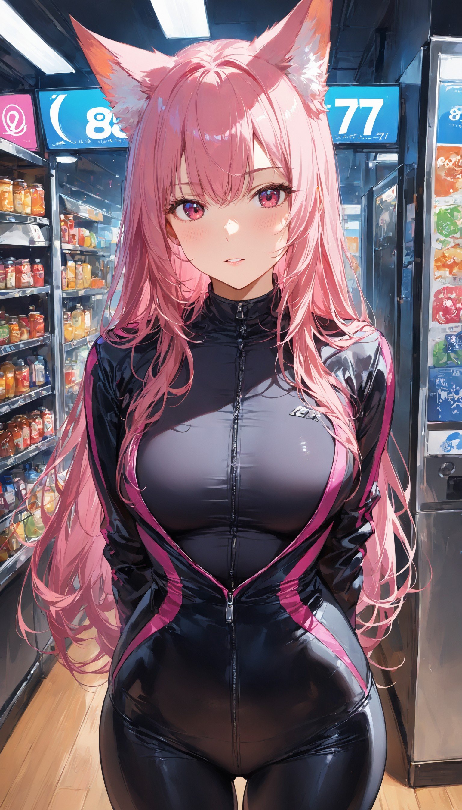 1girl, fox girl, pink hair, long hair, jacket, shirt, skin tight pants, standing,,masterpiece, best quality, score_9, score_8_up, score_7_up, ultra-detailed, Best-A, Medium-B, Low-C, Bad-D,