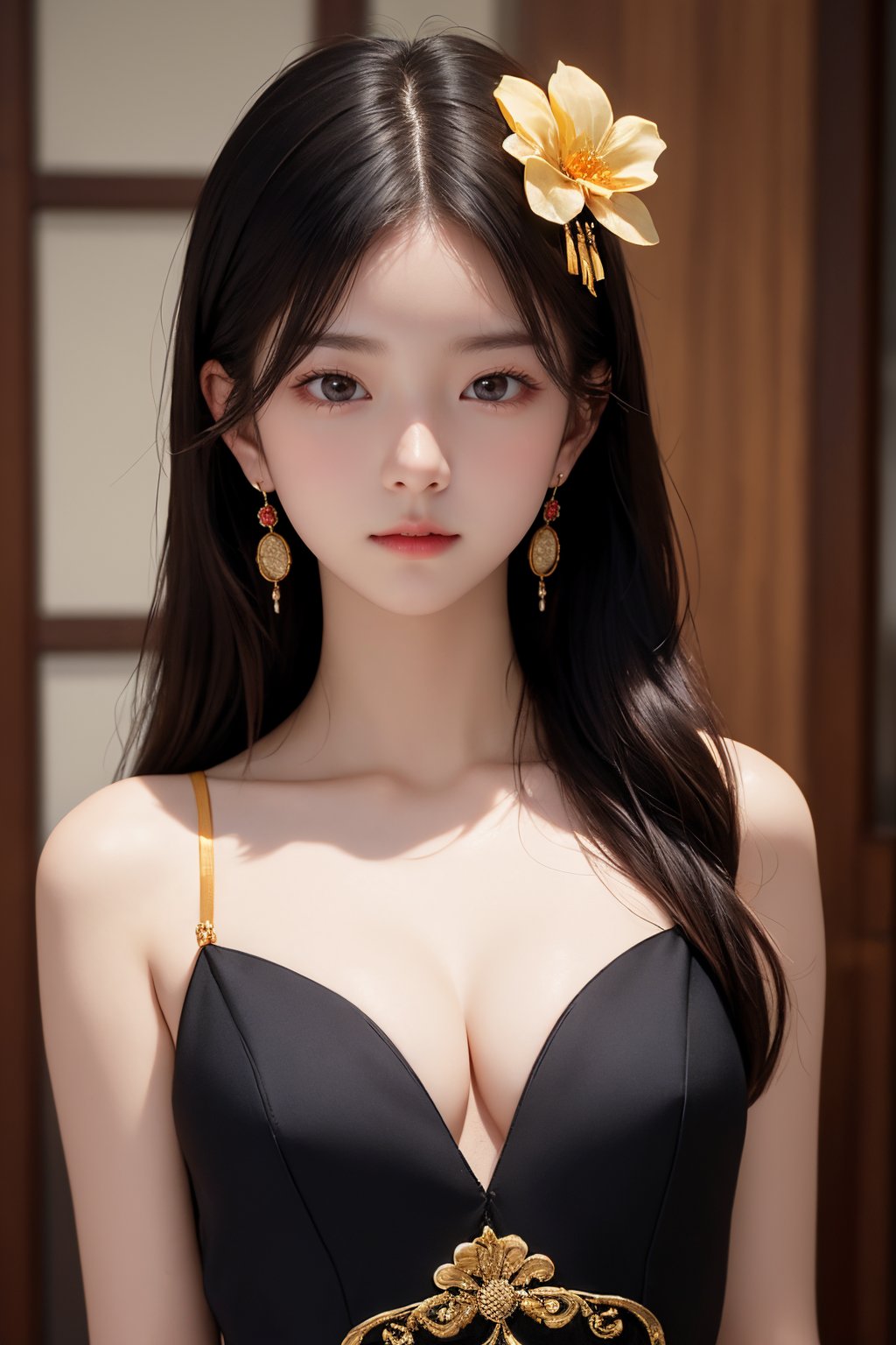 1girl, bare shoulders, black hair, breasts, cleavage, collarbone, depth of field, dress, earrings, hair ornament, jewelry, long hair, looking at viewer, medium breasts, parted lips, sleeveless, sleeveless dress, solo, upper body, very long hair, chinese clothes,