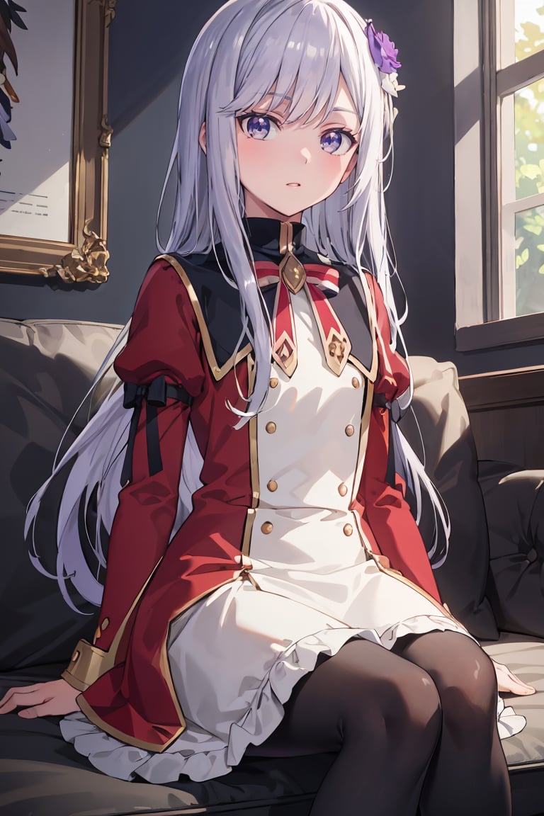 masterpiece, best quality, ultra-detailed, glistening shiny, glowing light, ray tracing, HDR, deph of field, (perfect face, detailed face), <lora:ChristinaBeltrum:0.7>, christinabeltrum, long hair, flower hair ornament, red dress, black collar, puffy sleeves, long sleeves, red bowtie, black pantyhose, sitting