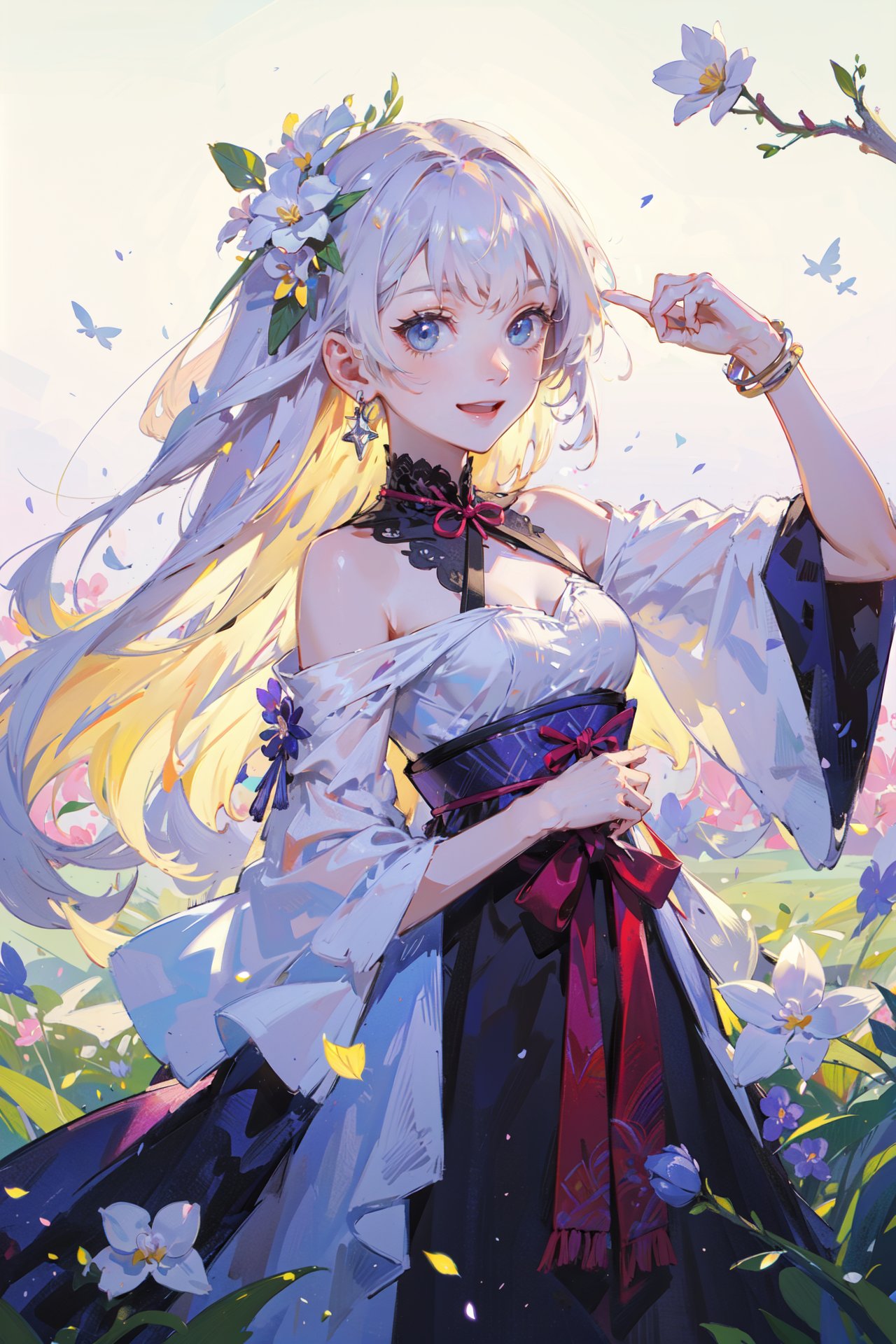 ((best quality, masterpiece, absurbres, super-resolution)), (kawaii, pop, cute:1.1), 1girl, solo,white orchid behind,field of  flowers ,puxian opera,blooming flowers, dan role,complex flower background, jewelry, hair_ornament, tassel,  smile,(high saturation),(colorful splashes),highly intricate details