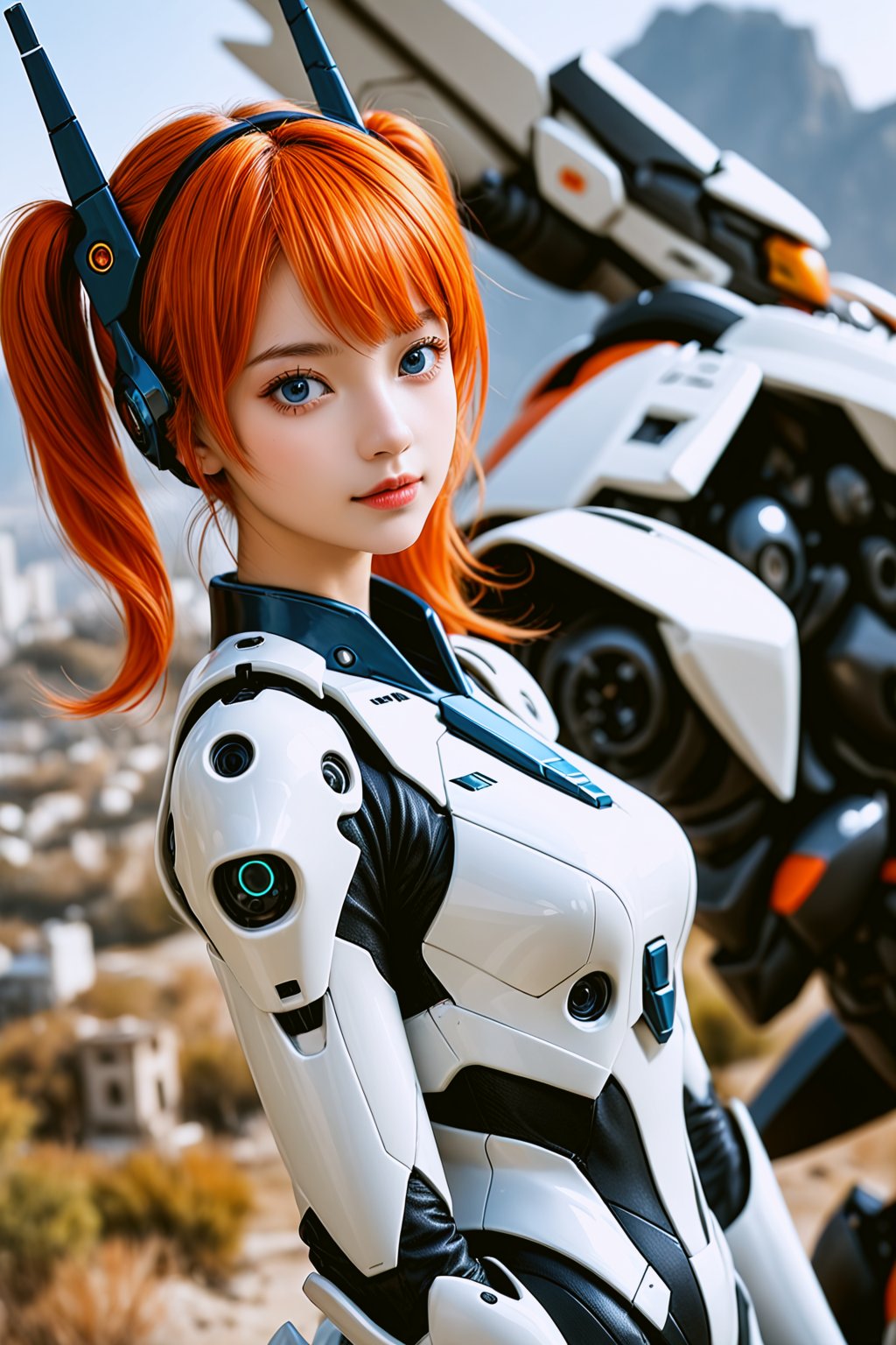 masterpiece, realistic, photo \(medium\), science fiction, scenery, 1girl, twintails, bangs, orange hair, blue eyes, mecha headgear, sci-fi, white bodysuits, upper body, (cute:0.5), side_view, looking_at_viewer