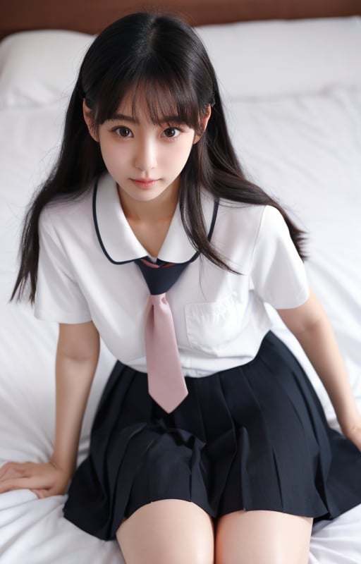 1girl,keai,cute little girl,(medium breasts:1.2),long black hair,first love girlfriend,Japanese style photo,Japanese high school student,wearing school uniform,rabbit sitting,on a white bed,attractive,attractive eyes,want to have sex,looking at the camera,boyfriend perspective,big eyes,delicate features,fair skin,<lora:rixikeaishaonv:0.8>,