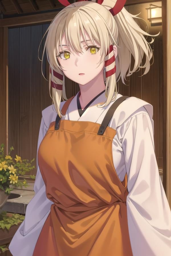 ukanomitamanokami, <lora:uka no mitama no kami s1-lora-nochekaiser:1>,uka no mitama no kami, long hair, blonde hair, hair ribbon, (yellow eyes:1.5), ponytail, tress ribbon,BREAK japanese clothes, miko, apron, (red apron:1.5),BREAK outdoors, shrine,BREAK looking at viewer, (cowboy shot:1.5),BREAK <lyco:GoodHands-beta2:1>, (masterpiece:1.2), best quality, high resolution, unity 8k wallpaper, (illustration:0.8), (beautiful detailed eyes:1.6), extremely detailed face, perfect lighting, extremely detailed CG, (perfect hands, perfect anatomy),