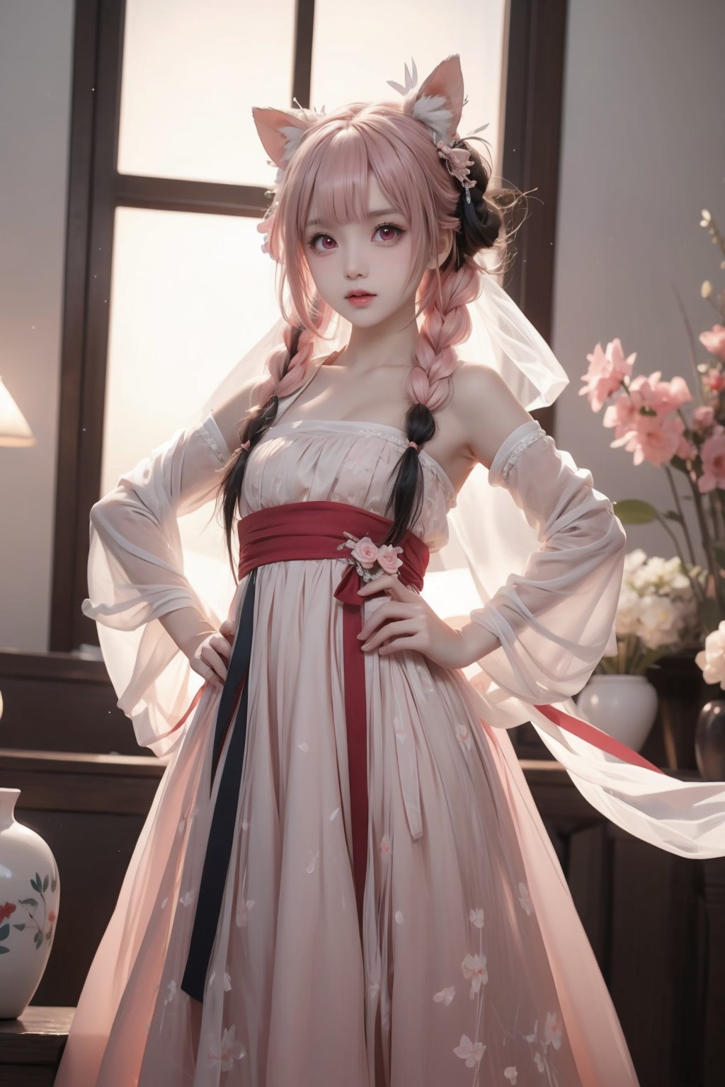 a anime character in a wedding outfit with pink hair and a bun,1girl,solo,hands on hips,pink hair,braid,long hair,looking at viewer,bangs,hair ornament,twin braids,ribbon,red ribbon,detached sleeves,closed mouth,ahoge,window,blush,red eyes,frills,pink eyes,dress,(best quality, masterpiece, ultra-detailed, illustration),(4K wallpaper),(beautiful detailed eyes),beautiful,amazing,detailed eyes,(detailed skin),