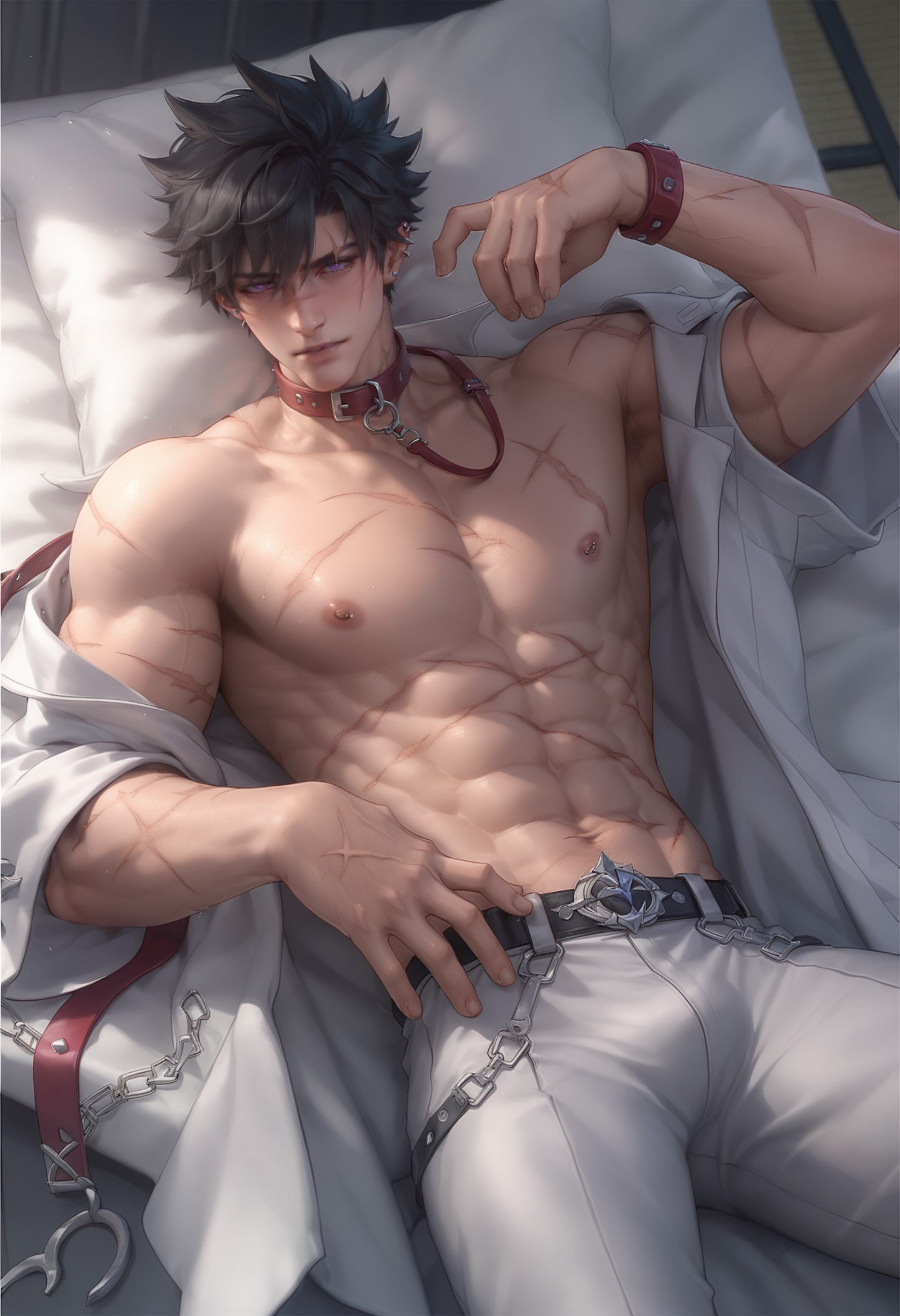 <lora:artbyl2-000008:0.8>,art byl,male focus,1boy,pectorals,black hair,nipples,solo,muscular male,muscular,short hair,piercing,bare pectorals,scar,large pectorals,abs,bara,purple eyes,open clothes,looking at viewer,collar,bangs,lying,blush,, score_9,score_8_up,score_7_up,score_6_up,rating_explicit