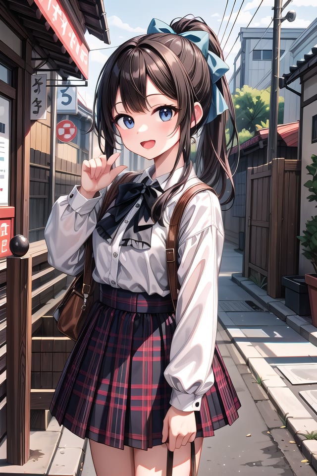 insanely detailed, absurdres, ultra-highres, ultra-detailed, best quality,1girl, solo, nice hands, perfect handsBREAKjirai kei,plaid skirt, shirt, long sleeves, bow, blue skirt, white shoulder frilly shirt, outdoors, blue bow, long hair, (cleavage:-1.5)BREAKhappy smile, laugh, open mouthBREAK45 angle,standing, cowboy shot, looking at viewerBREAKslender, kawaii, perfect symmetrical face, ultra cute girl, ultra cute face, ultra detailed eyes, ultra detailed hair, ultra cute, ultra beautifulBREAKin japanese street, cityscape in japan, depth of field, ultra detailed backgroundBREAKlarge breastsBREAKblack hair, black eyes, ponytail,