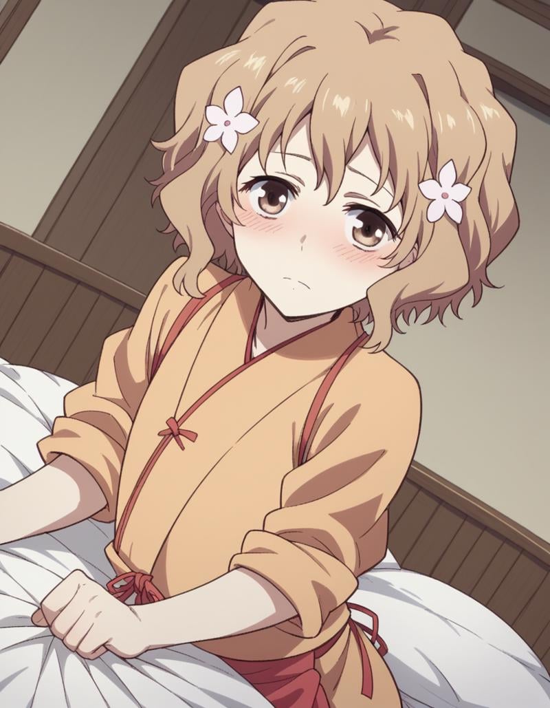 score_9, score_8_up, score_7_up, source_anime,ohanamatsumae, <lora:ohana-matsumae-s1-ponyxl-lora-nochekaiser:1>,ohana matsumae, short hair, brown hair, hair ornament, brown eyes, flower, hair flower,japanese clothes, kimono, apron, sleeves rolled up,indoors, bed, bed room, on side, blush, drunk,looking at viewer, cowboy shot, solo, dutch angle,