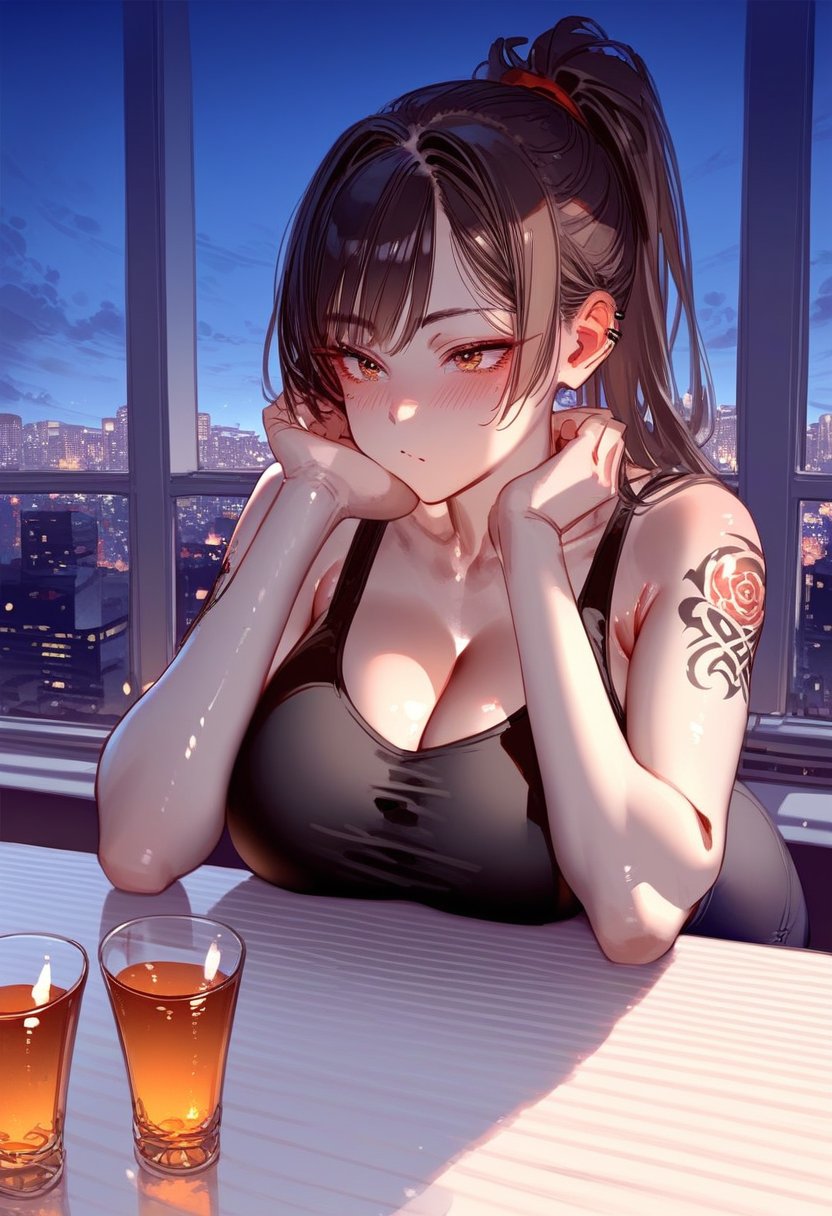 score_9, score_8_up, score_7_up, score_6_up, score_5_up, score_4_up, source_anime,<lora:RAR 0.1v:0.8>, RAR,  1girl, solo, long hair, breasts, large breasts, brown hair, bare shoulders, sitting, brown eyes, ponytail, sidelocks, sky, indoors, crop top, cup, window, tattoo, night, table, tank top, night sky, drinking glass, alcohol, head rest, arm tattoo, glass, shoulder tattoo, black tank top,