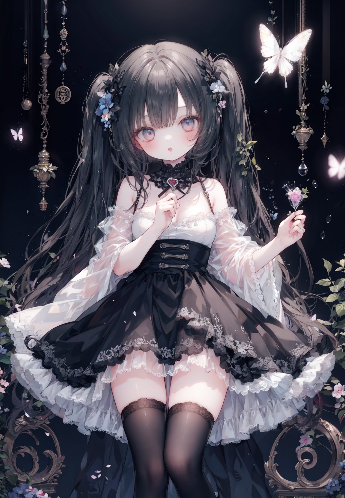 1girl, loli, black hair, gothic dress, bare shoulders, hair flower, long hair,light, blurry background, depth of field, alice in wonderland, lace thighhighs, butterfly, crystal, no shoes, :o, shamed, [breasts],, heart, <lora:oni-color-mai-sd1.5:0.8>