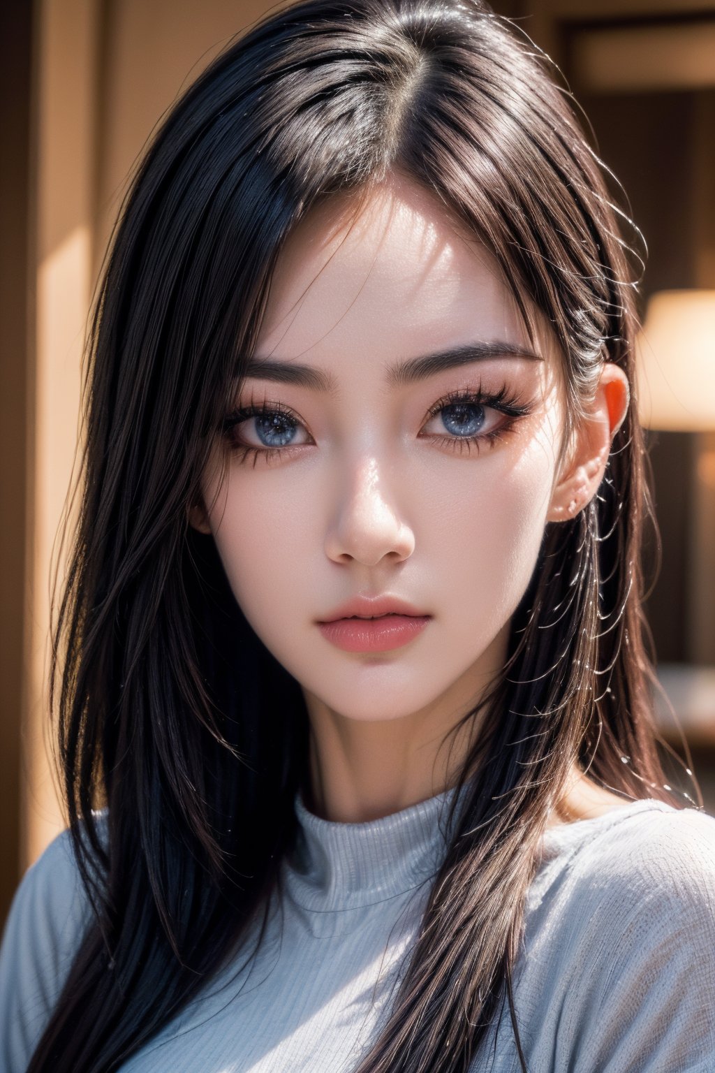(beautiful detailed eyes:1.2),(Extremely detailed 8K eyelashes:1.2),(sharp nose:1.2),(detailed face:1.2),(a face of perfect proportion:1.1)solo, 1girl, realistic, indoors, long hair, breasts, looking at viewer, 