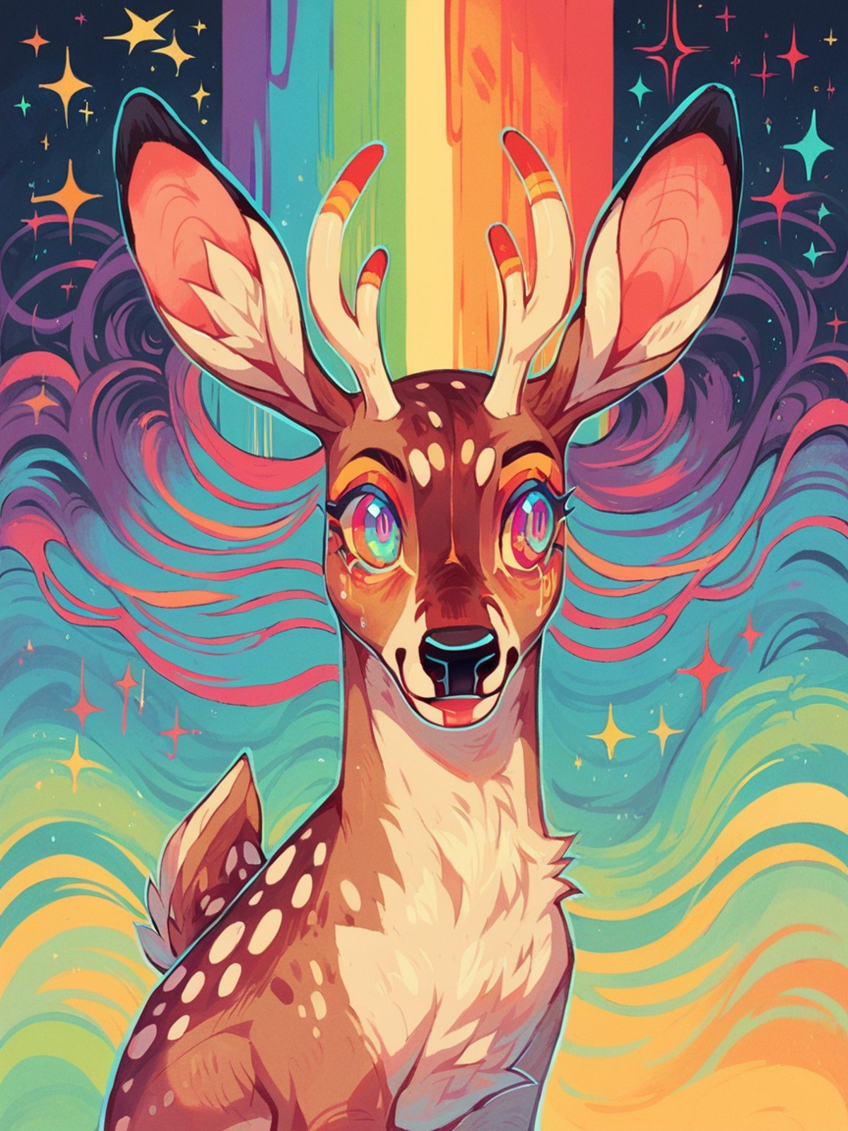 score_9, score_8_up, score_7_up, score_6_up,  <lora:br1ghtXLP:1> br1ght, deer, trippy, rainbow