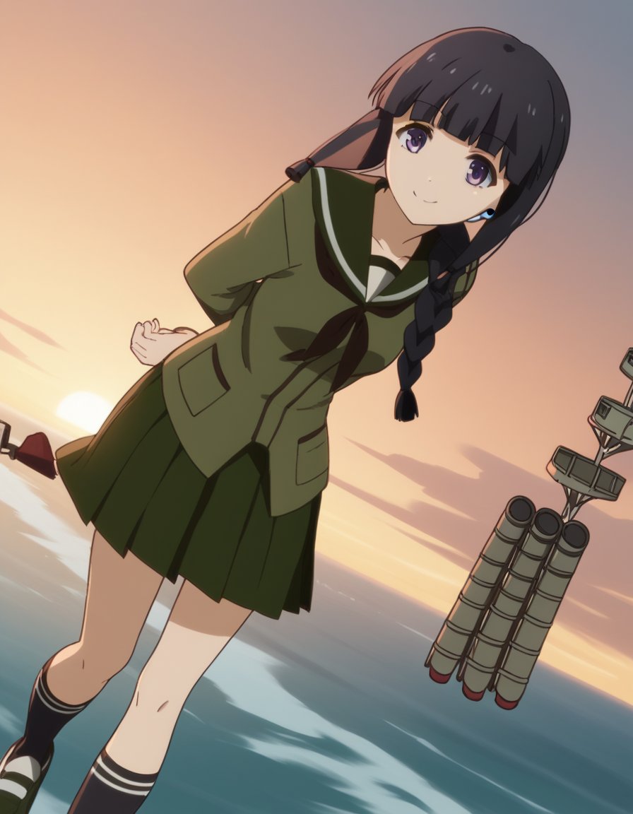 score_9, score_8_up, score_7_up, source_anime, <lora:kancolle-kitakami-s1-ponyxl-lora-nochekaiser:1>, kitakami, long hair, bangs, black hair, purple eyes, braid, blunt bangs, single braid, hair over shoulder, kitakami (kancolle), skirt, school uniform, serafuku, green skirt, pleated skirt, green shirt, green sailor collar, suburban neighborhood, morning jog, earphones, running shoes, fresh air, sunrise, , looking at viewer, hands behind back, bent over, smile, solo,, cowboy shot, dutch angle