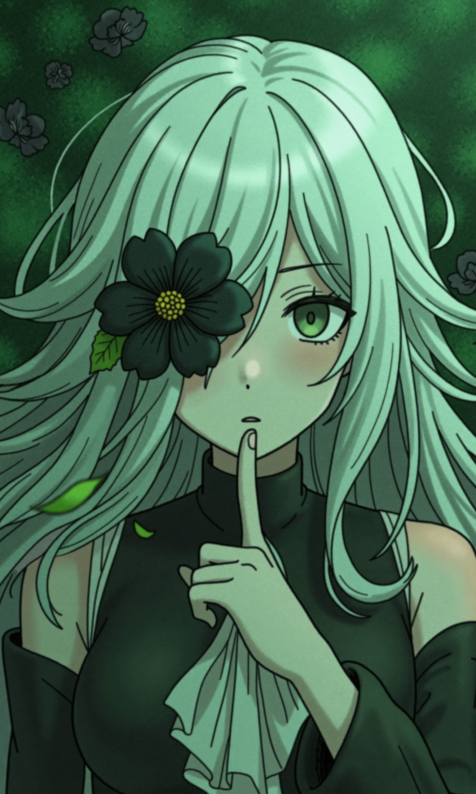 An intense and expressive anime portrait of a woman with flowing white hair. She is enveloped in a mist of green and black, creating a surreal and dramatic effect. A black flower blooms over one eye, attached to her face. The background is a deep green, filled with black petals. She holds a finger to her lips, signaling silence.