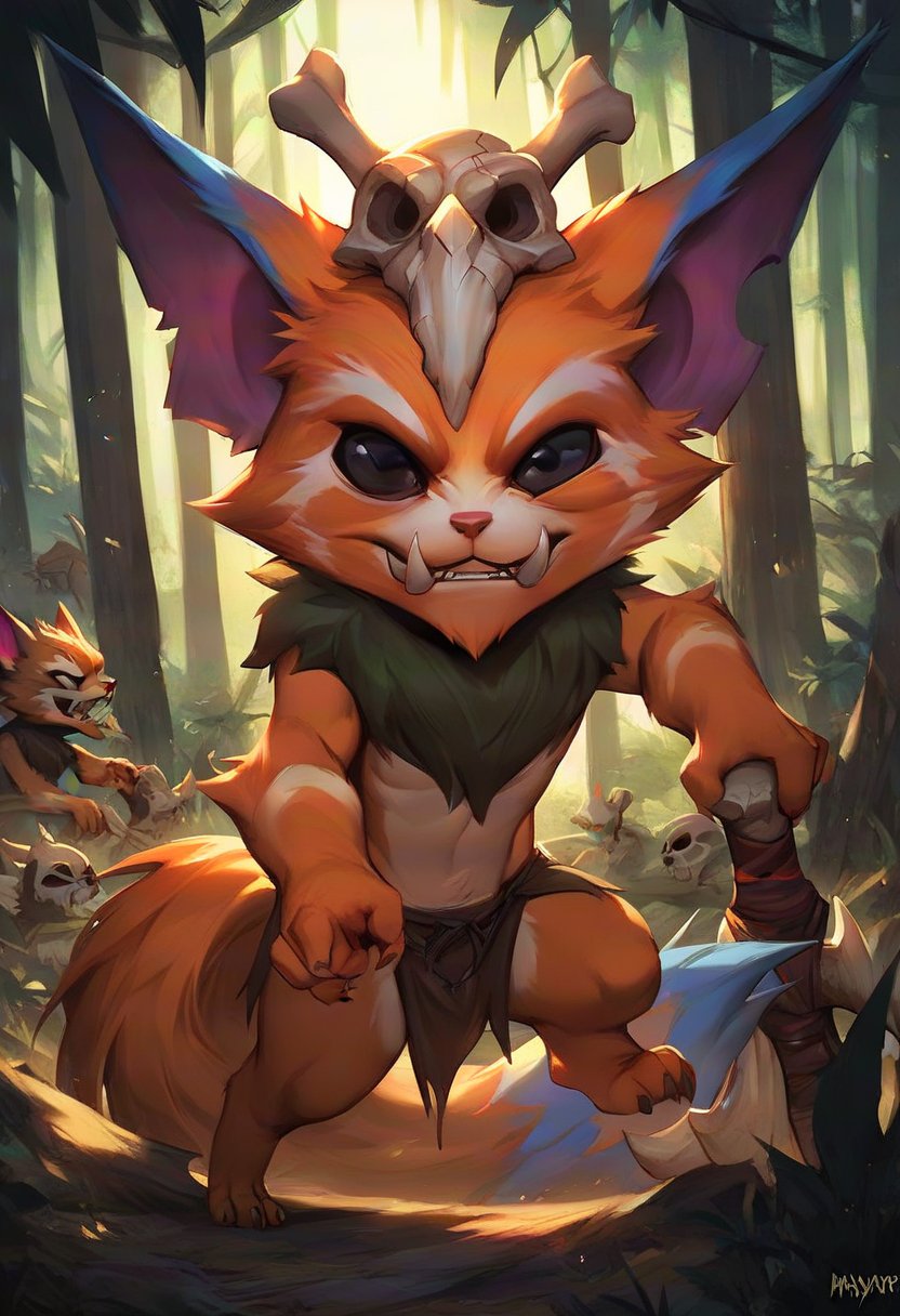 score_9, score_8_up, score_7_up, score_6_up, gn4r, 1boy, yordle, fangs, teeth, skull, skull on head, orange fur, black eyes, tail, holding weapon, bone, full body, forest, <lora:Manwha_Anime_Style:1>, manhwastyle, <lora:Gnar_Default_v1:0.7>, solo